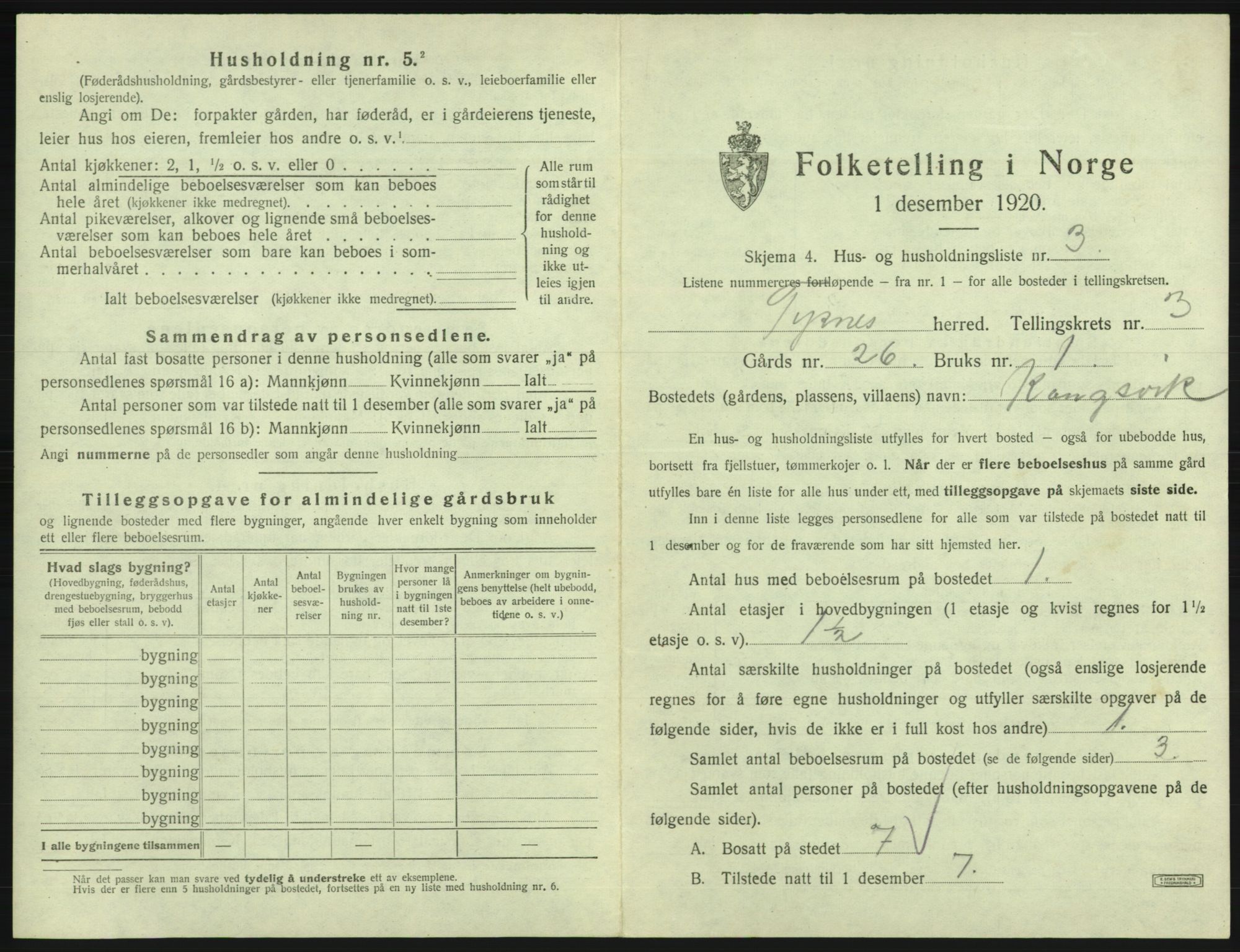 SAB, 1920 census for Tysnes, 1920, p. 264
