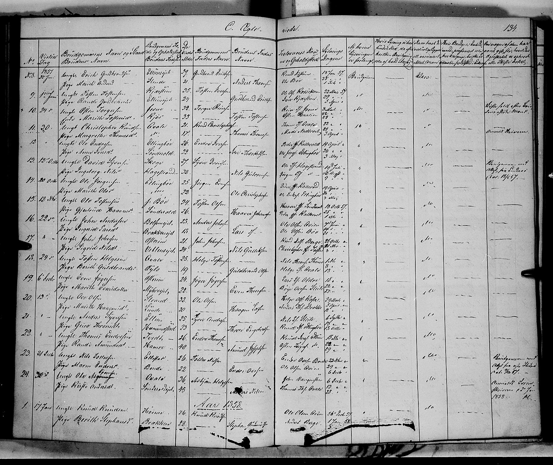 Vang prestekontor, Valdres, SAH/PREST-140/H/Ha/L0006: Parish register (official) no. 6, 1846-1864, p. 134