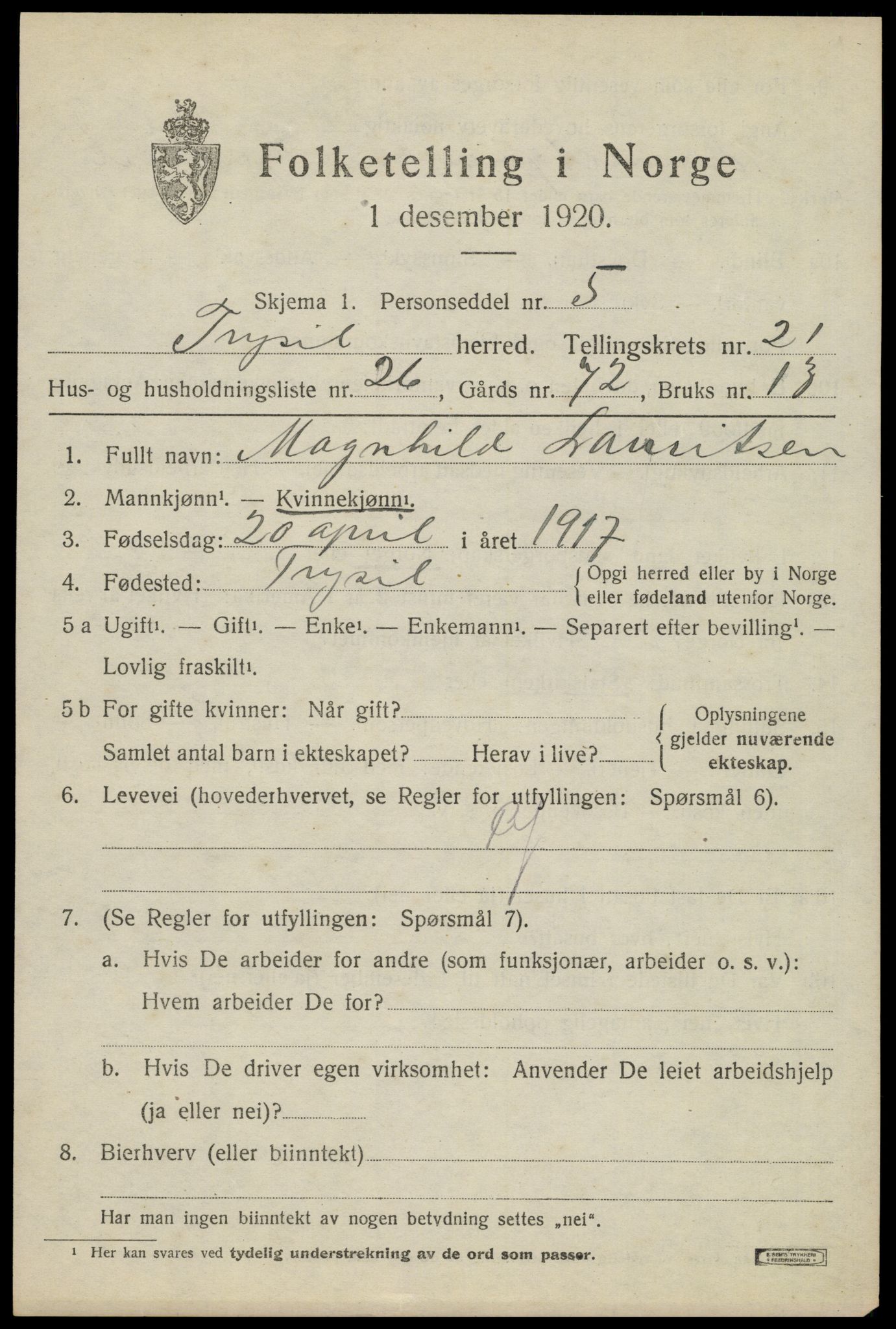 SAH, 1920 census for Trysil, 1920, p. 14085