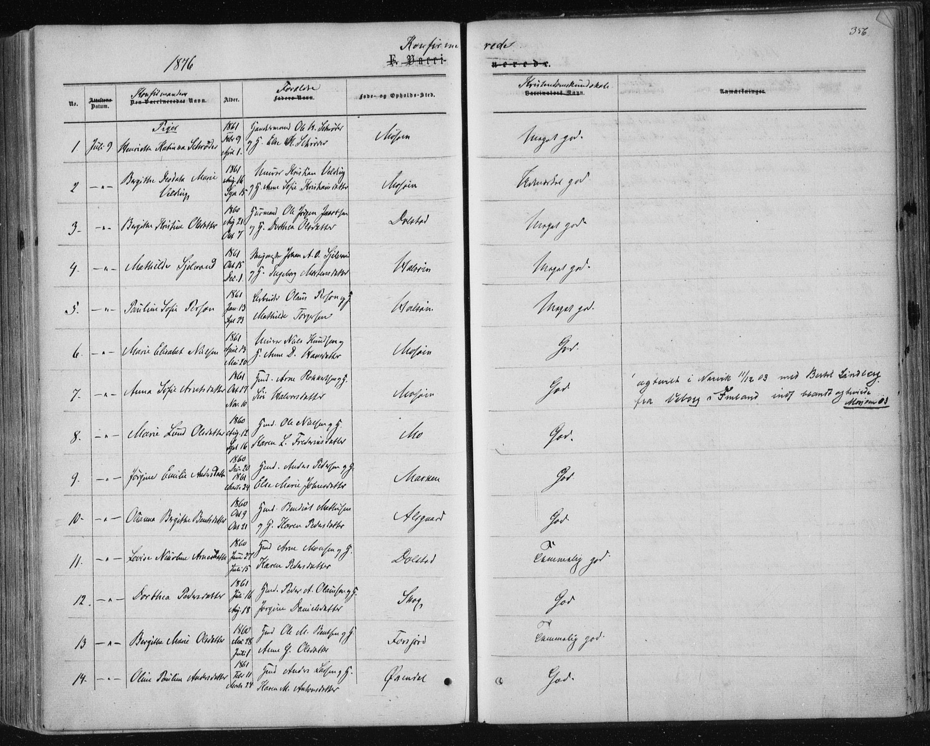 Ministerialprotokoller, klokkerbøker og fødselsregistre - Nordland, AV/SAT-A-1459/820/L0294: Parish register (official) no. 820A15, 1866-1879, p. 356