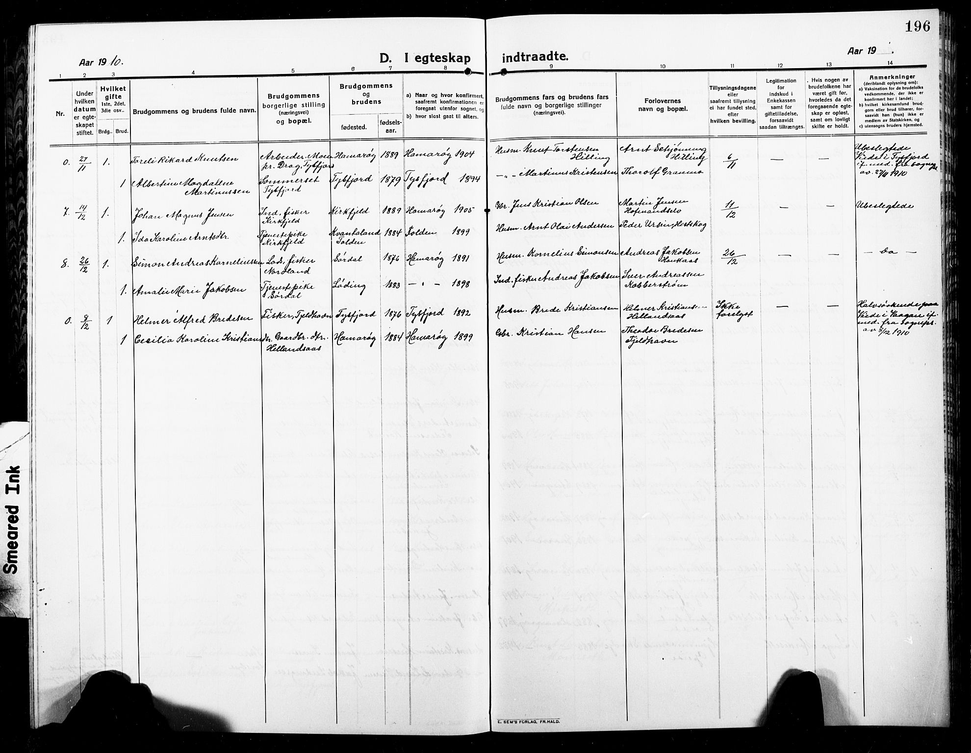 Ministerialprotokoller, klokkerbøker og fødselsregistre - Nordland, AV/SAT-A-1459/859/L0861: Parish register (copy) no. 859C07, 1910-1925, p. 196