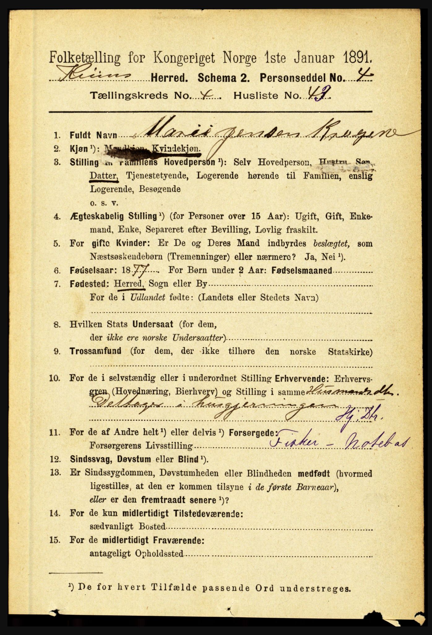 RA, 1891 census for 1437 Kinn, 1891, p. 1580