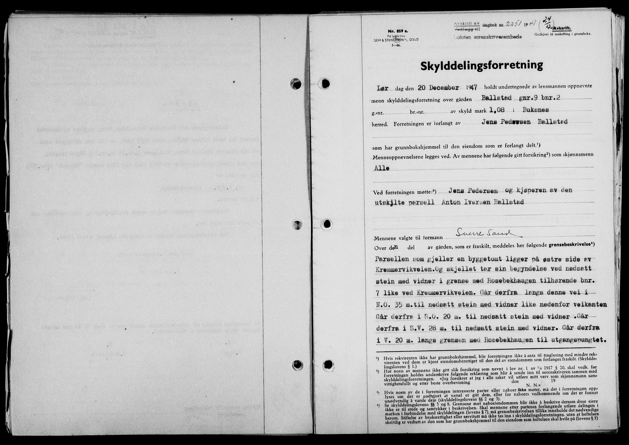 Lofoten sorenskriveri, SAT/A-0017/1/2/2C/L0017a: Mortgage book no. 17a, 1947-1948, Diary no: : 2251/1947