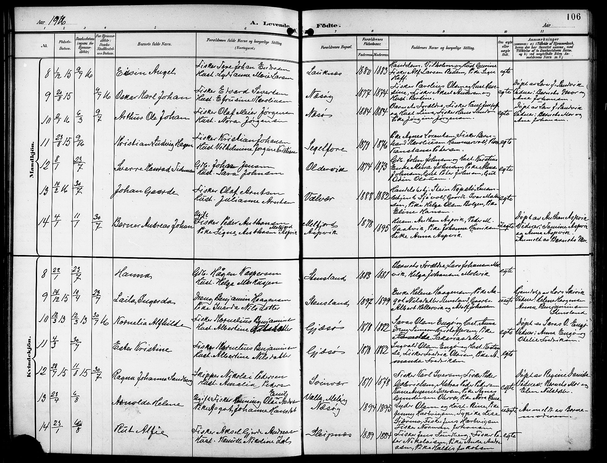 Ministerialprotokoller, klokkerbøker og fødselsregistre - Nordland, AV/SAT-A-1459/841/L0621: Parish register (copy) no. 841C05, 1897-1923, p. 106