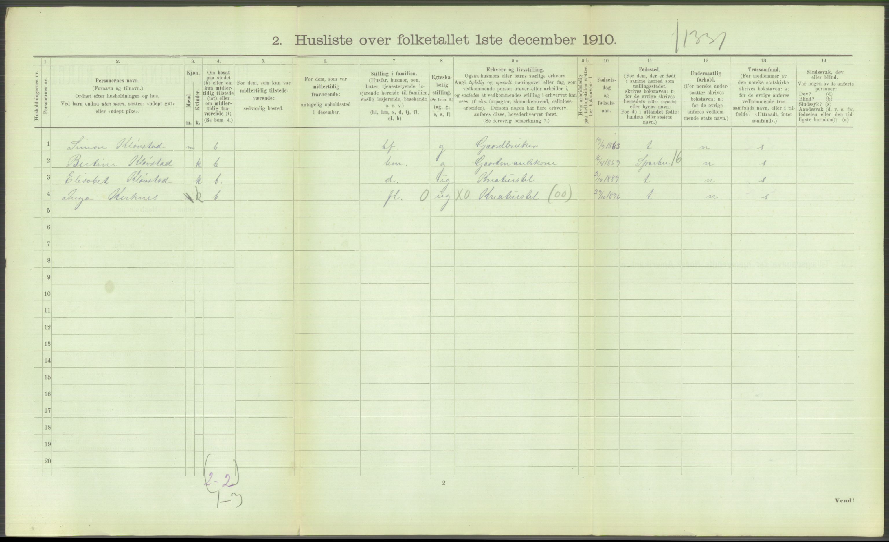 RA, 1910 census for Hustad (Sandvollan), 1910, p. 226