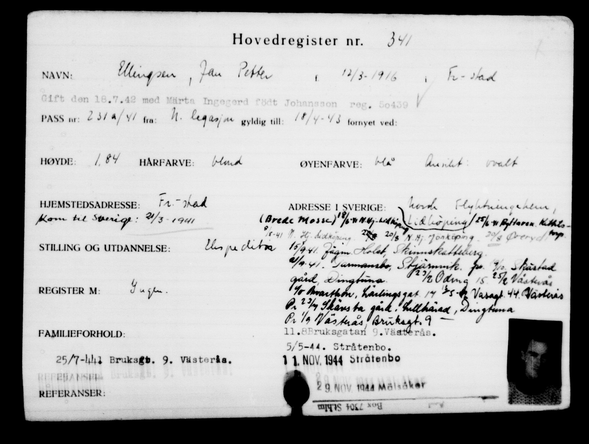 Utenriksstasjonene, Legasjonen i Stockholm, Flyktningkontoret, AV/RA-S-6753/V/Va/L0001: Kjesäterkartoteket, flyktninger med registreringsnr. 1-1000, 1940-1945, p. 542
