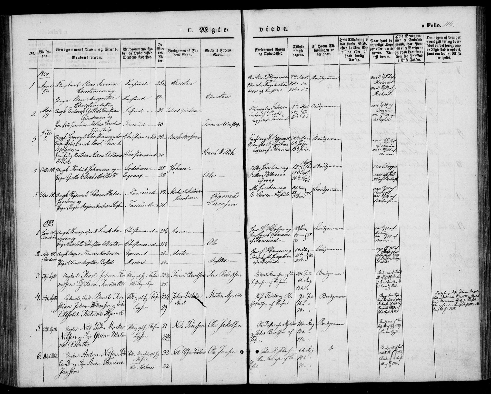 Farsund sokneprestkontor, SAK/1111-0009/F/Fa/L0004: Parish register (official) no. A 4, 1847-1863, p. 116