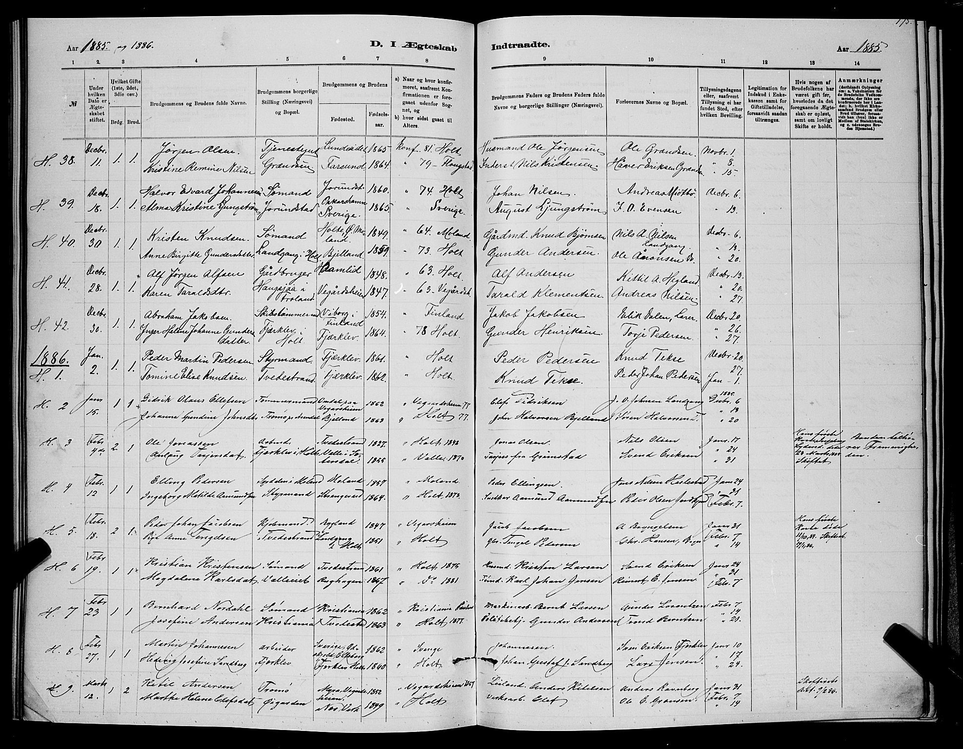 Holt sokneprestkontor, SAK/1111-0021/F/Fb/L0010: Parish register (copy) no. B 10, 1883-1896, p. 175