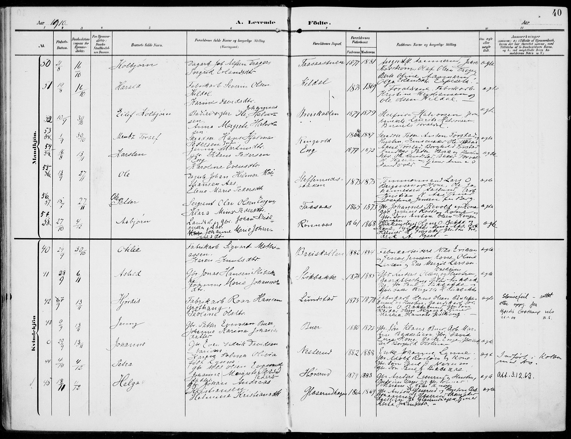 Vestre Toten prestekontor, AV/SAH-PREST-108/H/Ha/Haa/L0014: Parish register (official) no. 14, 1907-1920, p. 40