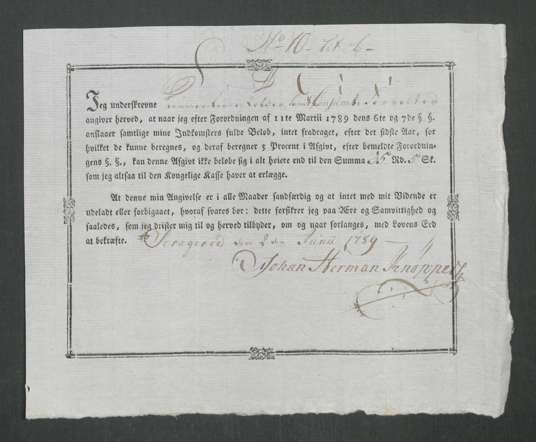 Rentekammeret inntil 1814, Reviderte regnskaper, Mindre regnskaper, AV/RA-EA-4068/Rf/Rfe/L0020: Kongsberg, Kragerø, Larvik, 1789, p. 226