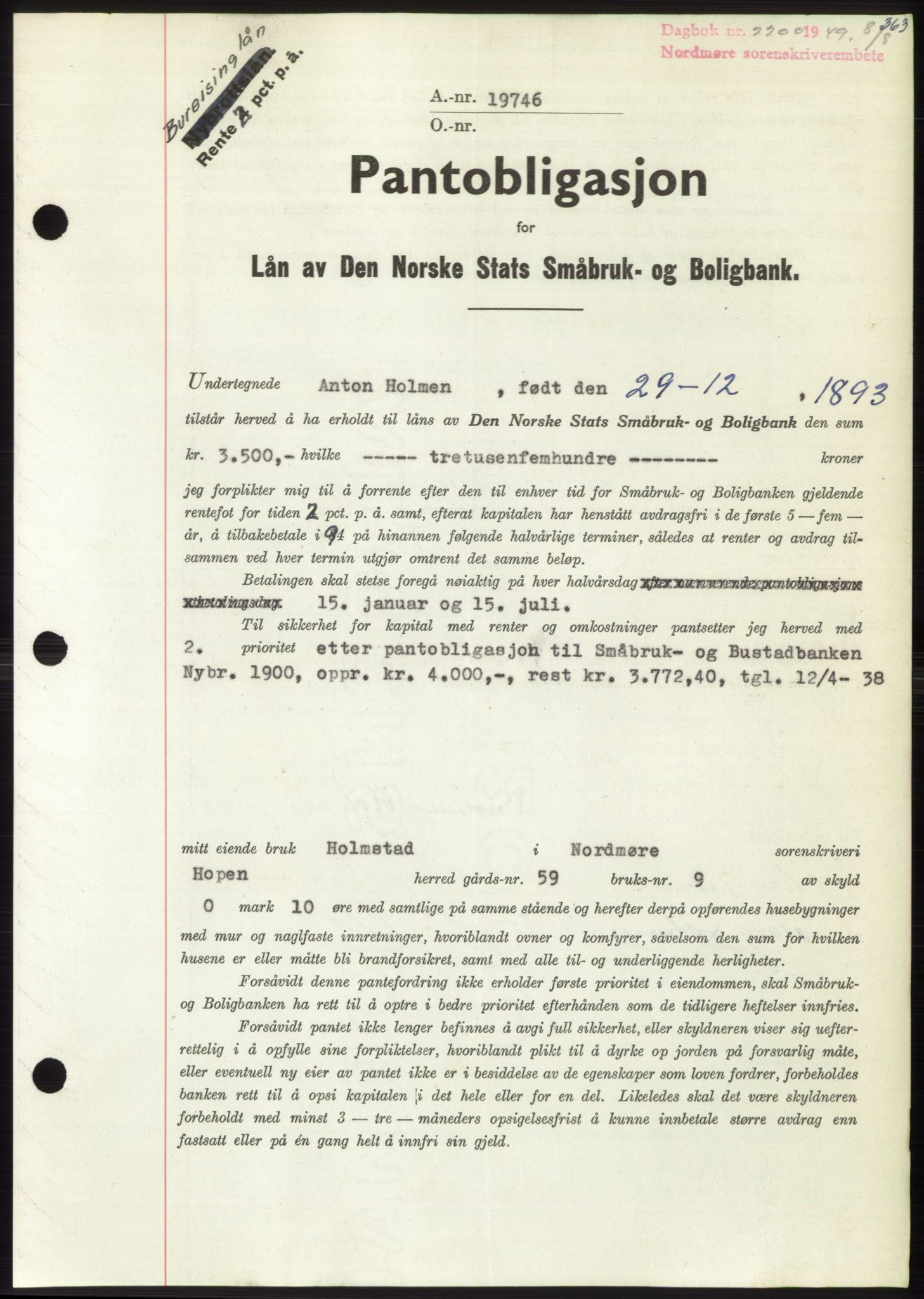 Nordmøre sorenskriveri, AV/SAT-A-4132/1/2/2Ca: Mortgage book no. B102, 1949-1949, Diary no: : 2200/1949