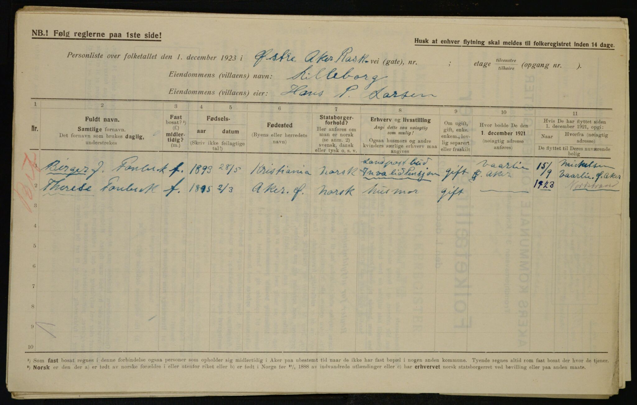 , Municipal Census 1923 for Aker, 1923, p. 44179