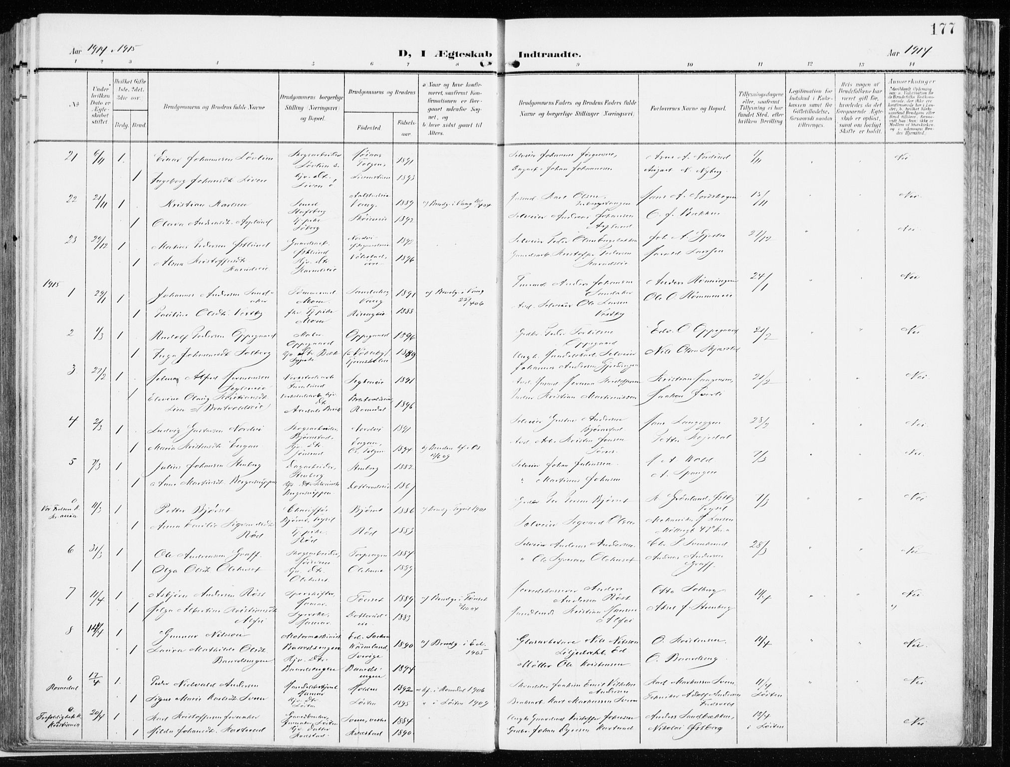 Løten prestekontor, SAH/PREST-022/K/Ka/L0011: Parish register (official) no. 11, 1908-1917, p. 177