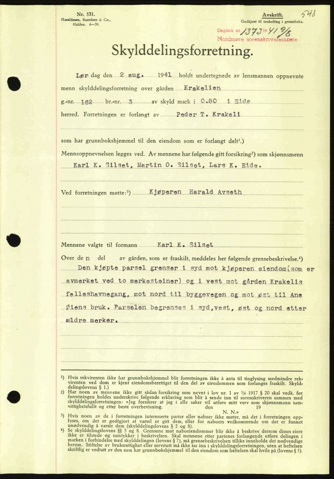 Nordmøre sorenskriveri, SAT/A-4132/1/2/2Ca: Mortgage book no. A90, 1941-1941, Diary no: : 1373/1941