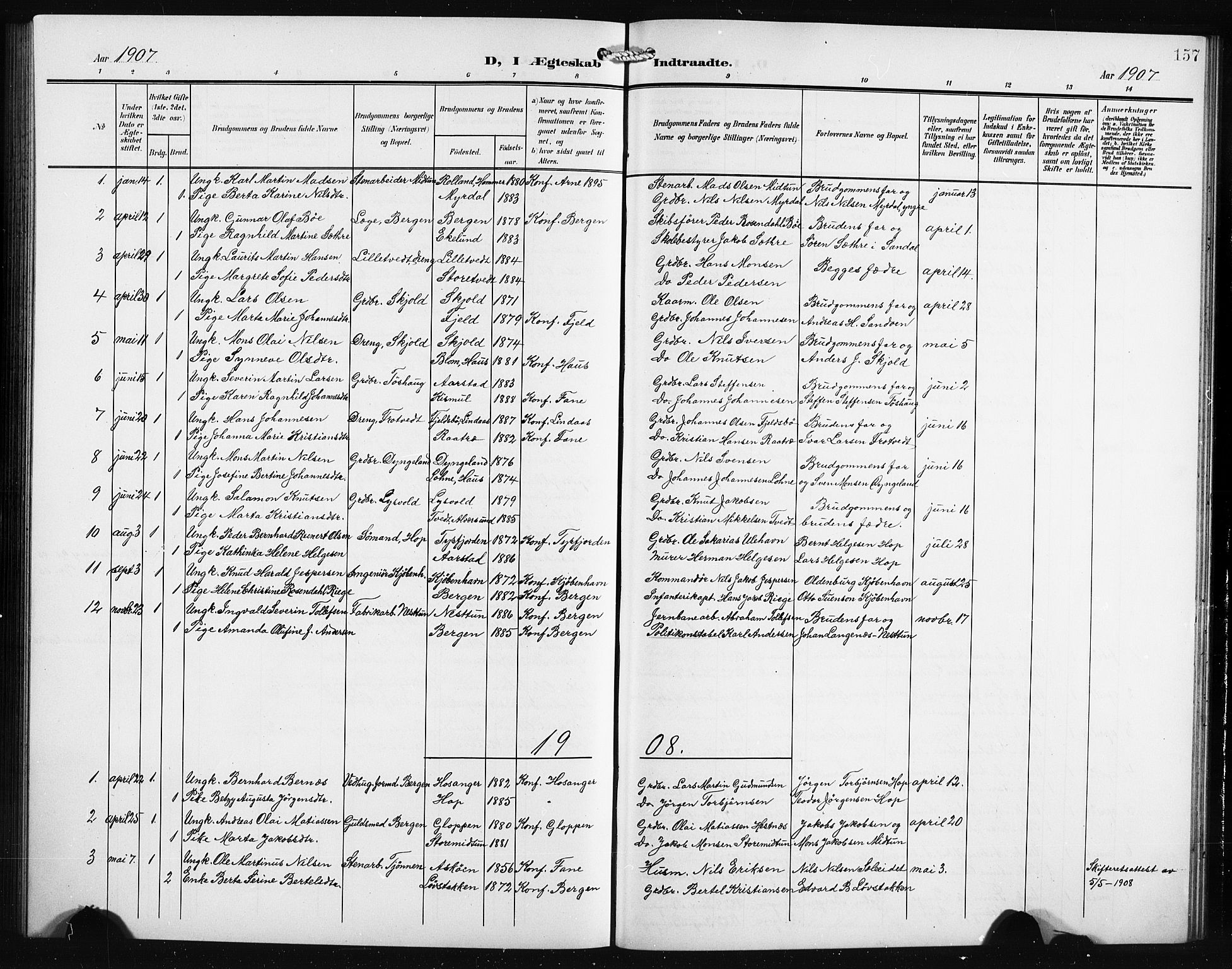 Birkeland Sokneprestembete, AV/SAB-A-74601/H/Hab: Parish register (copy) no. A 6, 1906-1915, p. 157