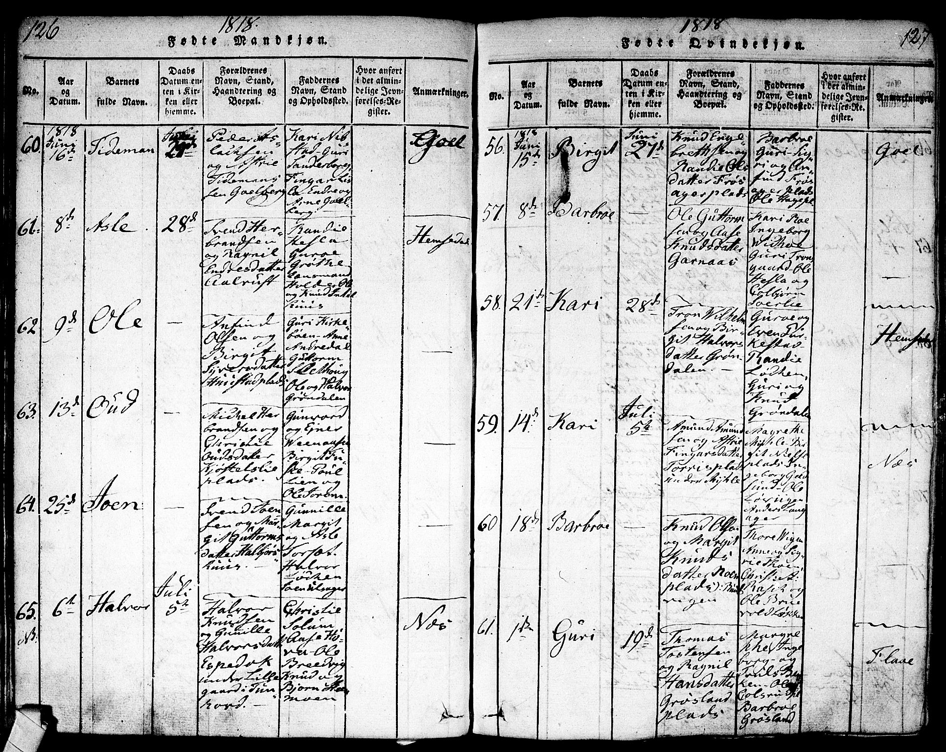 Nes kirkebøker, SAKO/A-236/F/Fa/L0007: Parish register (official) no. 7, 1815-1823, p. 126-127