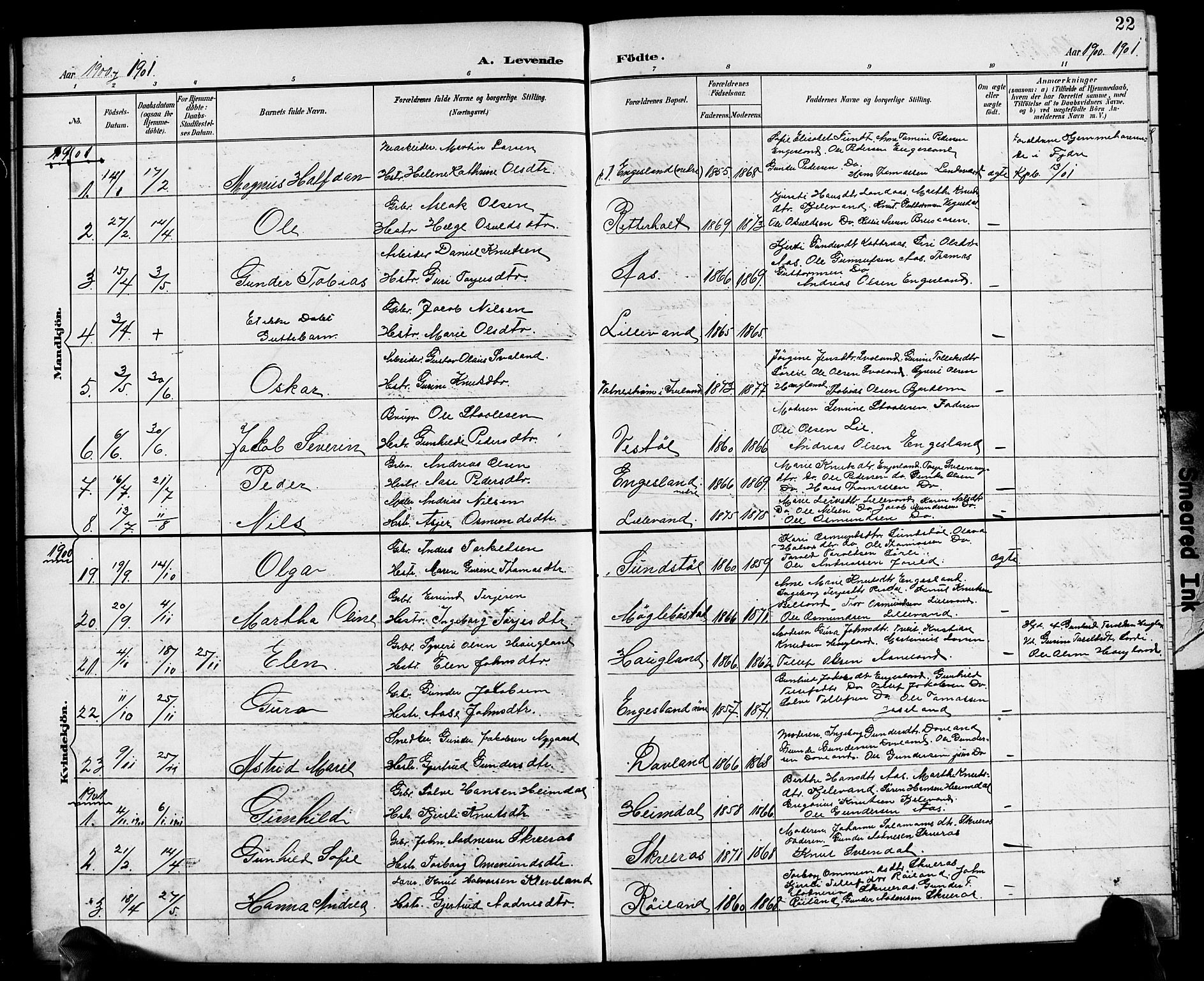 Herefoss sokneprestkontor, AV/SAK-1111-0019/F/Fb/Fbb/L0003: Parish register (copy) no. B 3, 1892-1917, p. 22