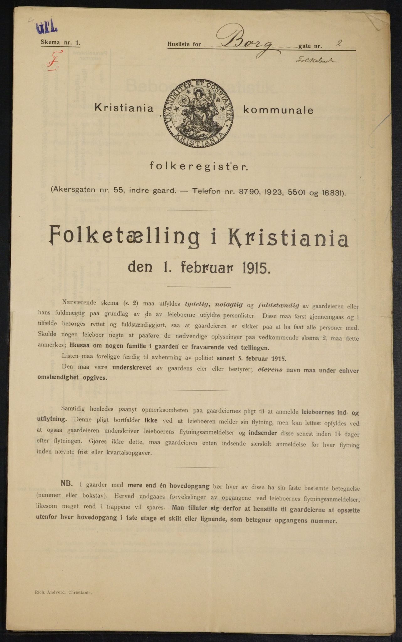 OBA, Municipal Census 1915 for Kristiania, 1915, p. 7707