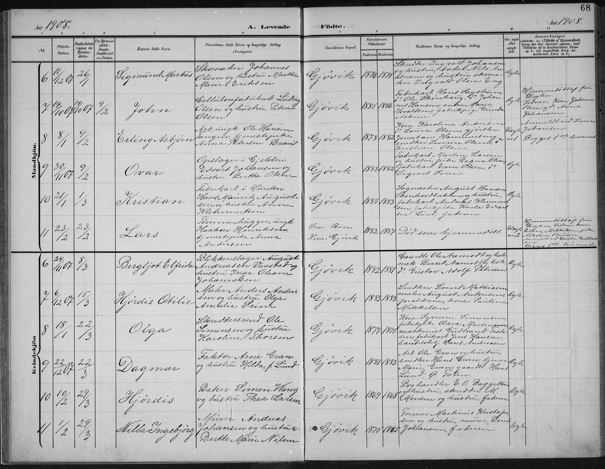 Vardal prestekontor, SAH/PREST-100/H/Ha/Haa/L0013: Parish register (official) no. 13, 1901-1911, p. 68