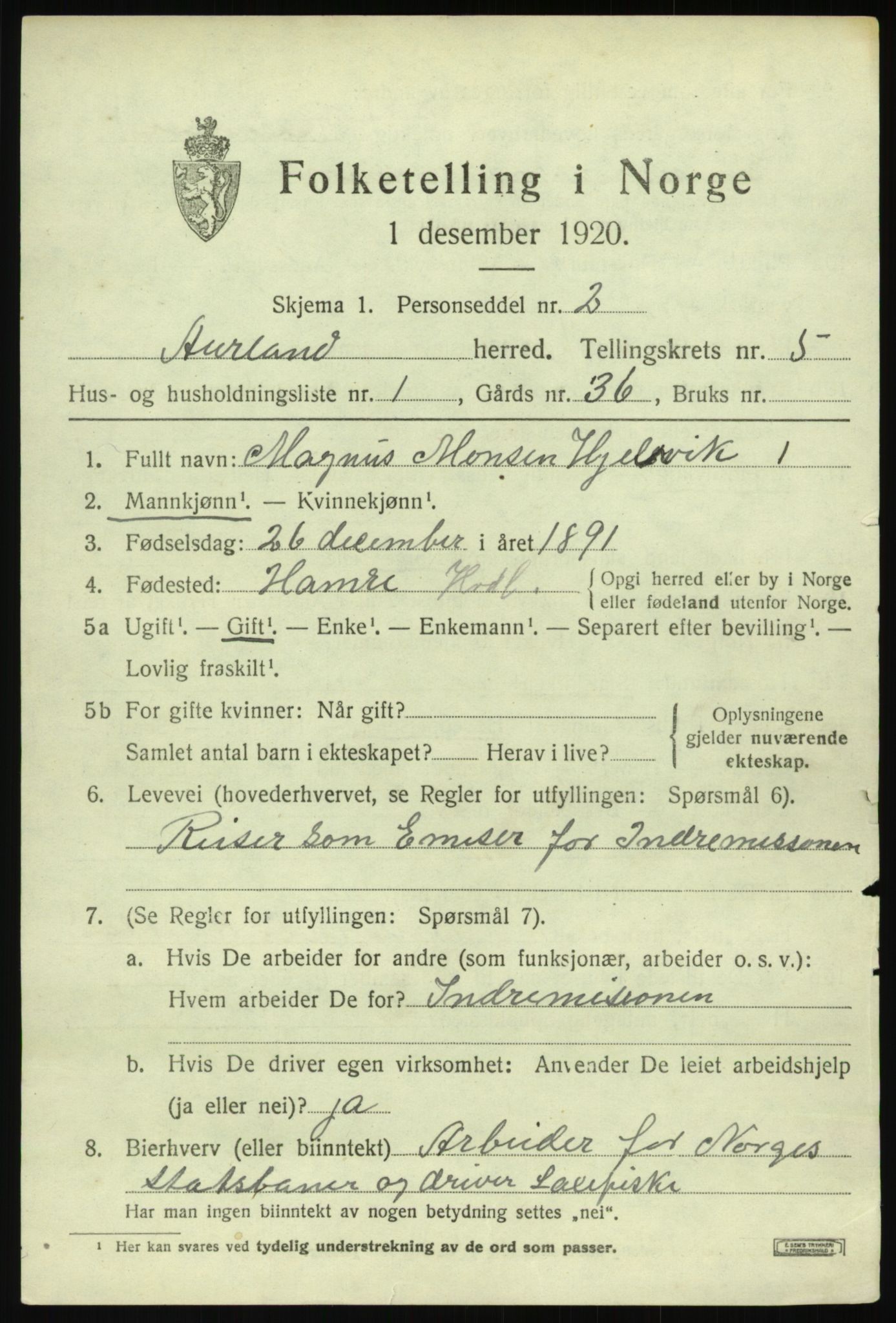 SAB, 1920 census for Aurland, 1920, p. 3042