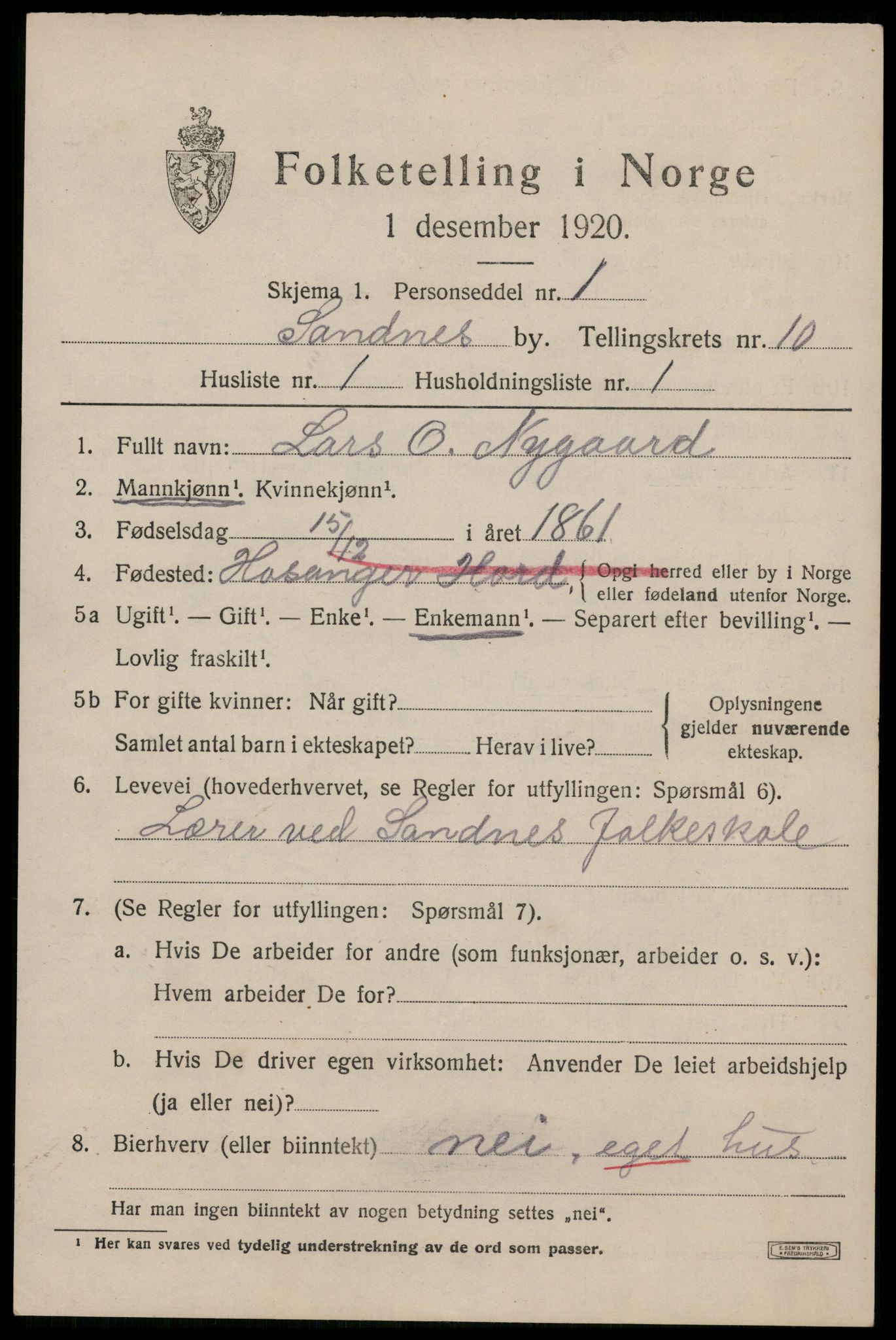 SAST, 1920 census for Sandnes, 1920, p. 6664