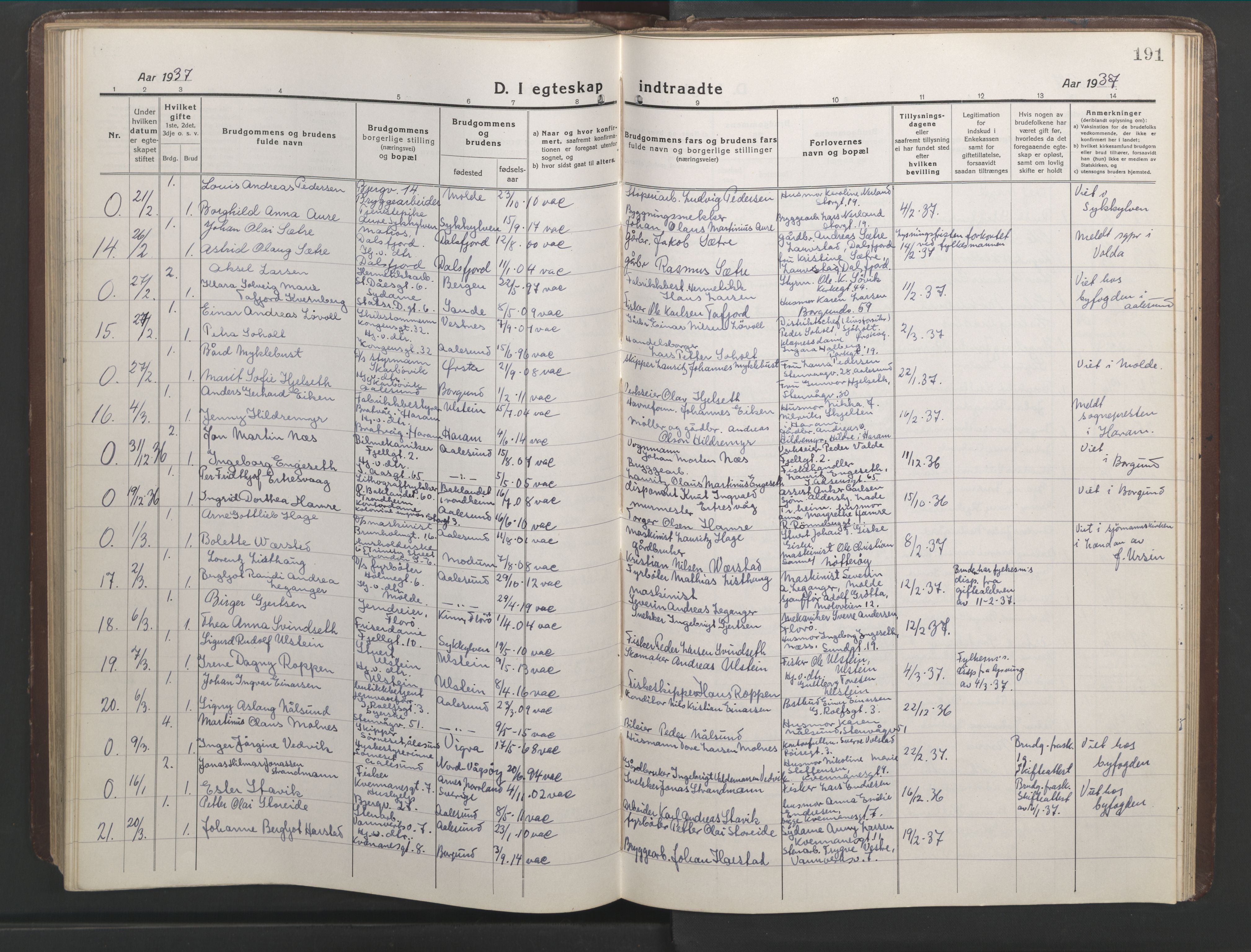 Ministerialprotokoller, klokkerbøker og fødselsregistre - Møre og Romsdal, AV/SAT-A-1454/529/L0473: Parish register (copy) no. 529C10, 1918-1941, p. 191