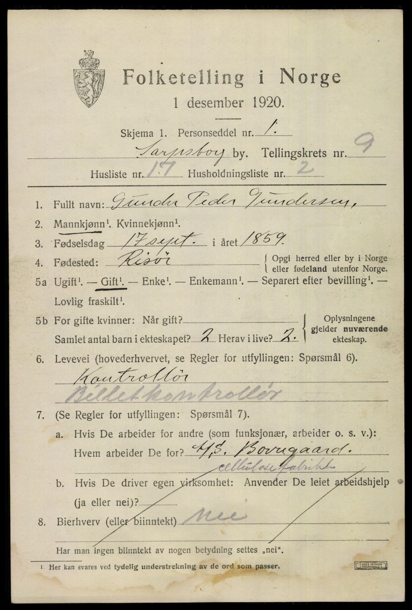 SAO, 1920 census for Sarpsborg, 1920, p. 19312