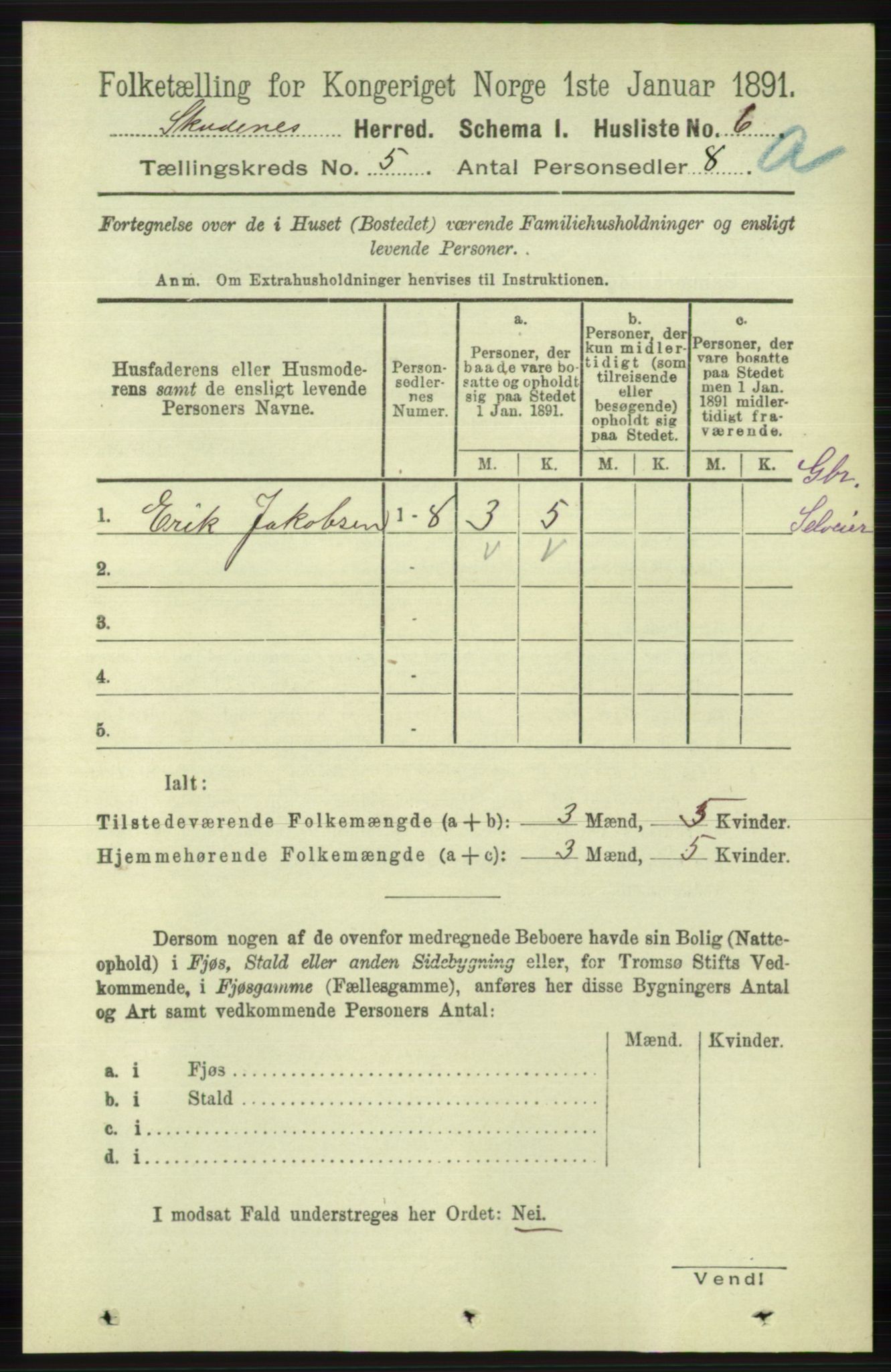 RA, 1891 census for 1150 Skudenes, 1891, p. 2460