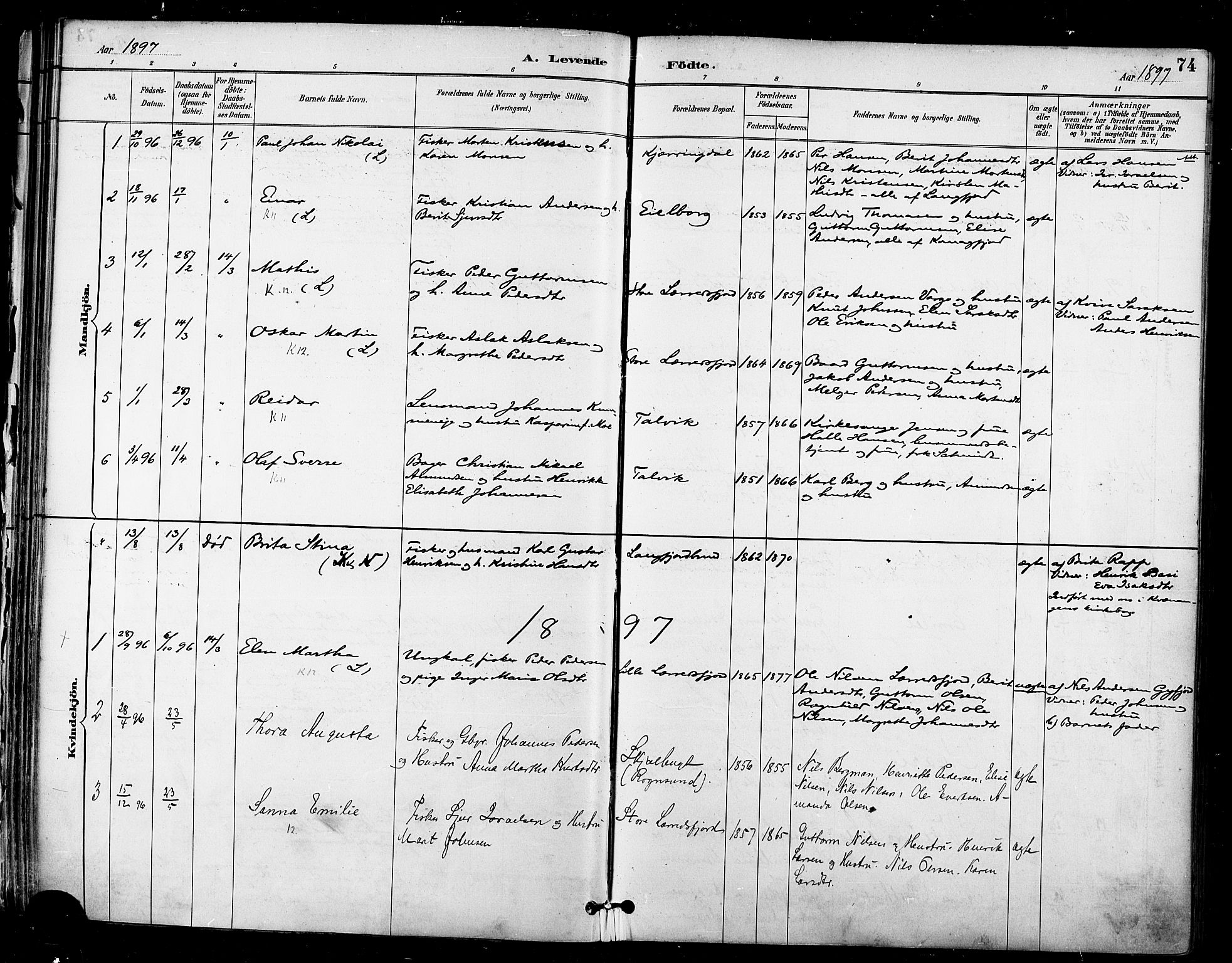 Talvik sokneprestkontor, SATØ/S-1337/H/Ha/L0013kirke: Parish register (official) no. 13, 1886-1897, p. 74