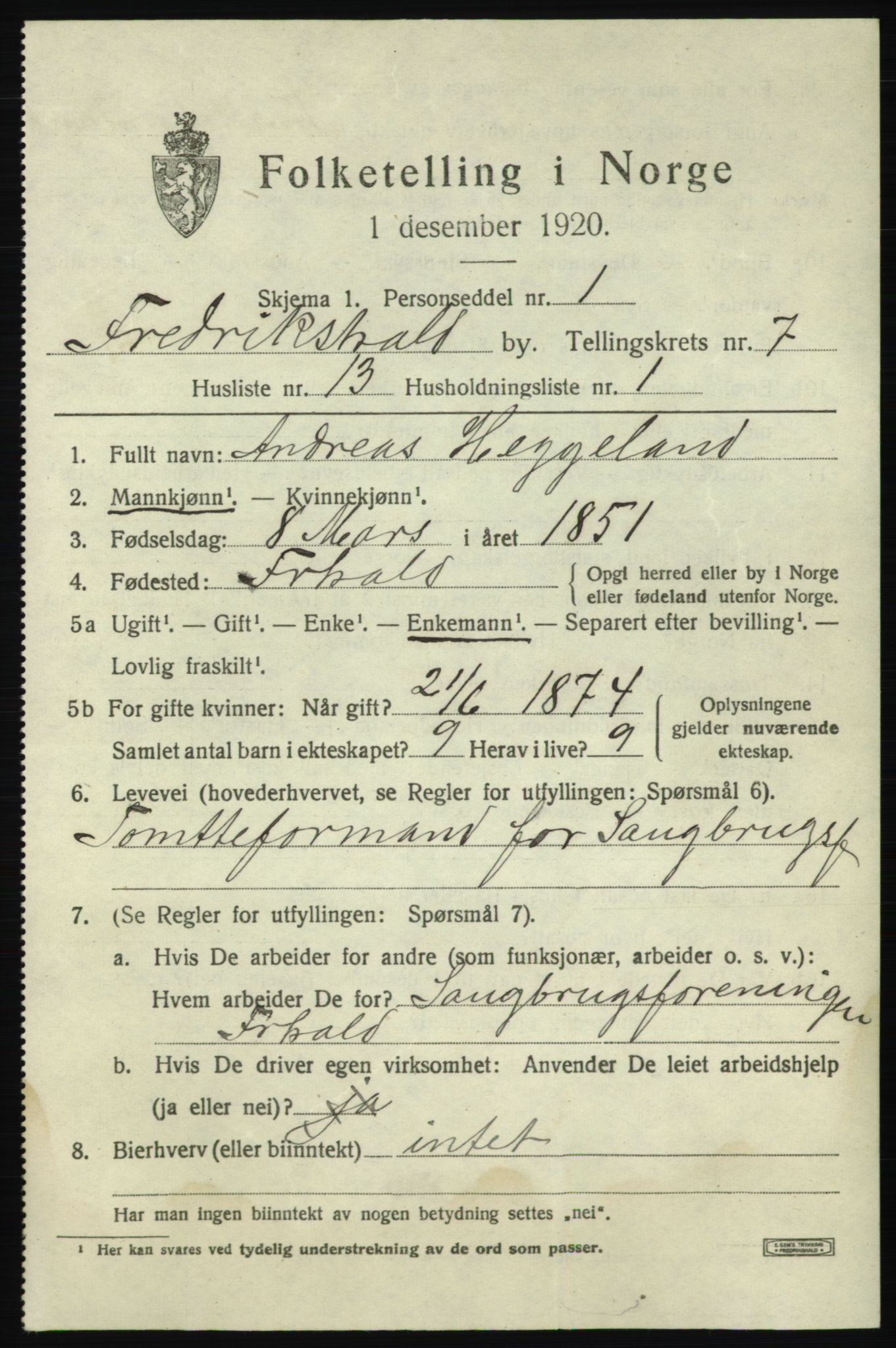 SAO, 1920 census for Fredrikshald, 1920, p. 14096