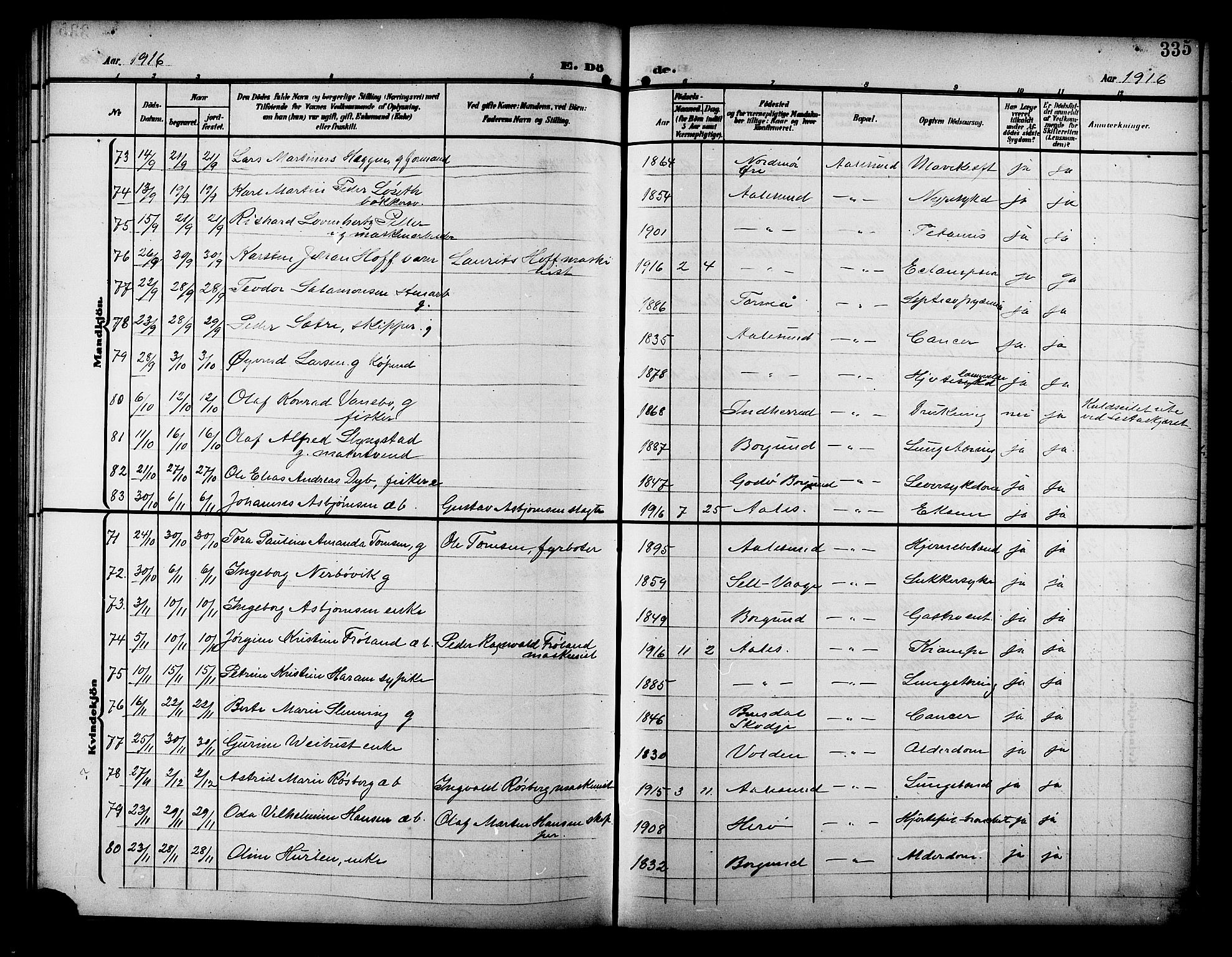 Ministerialprotokoller, klokkerbøker og fødselsregistre - Møre og Romsdal, AV/SAT-A-1454/529/L0470: Parish register (copy) no. 529C07, 1907-1917, p. 335