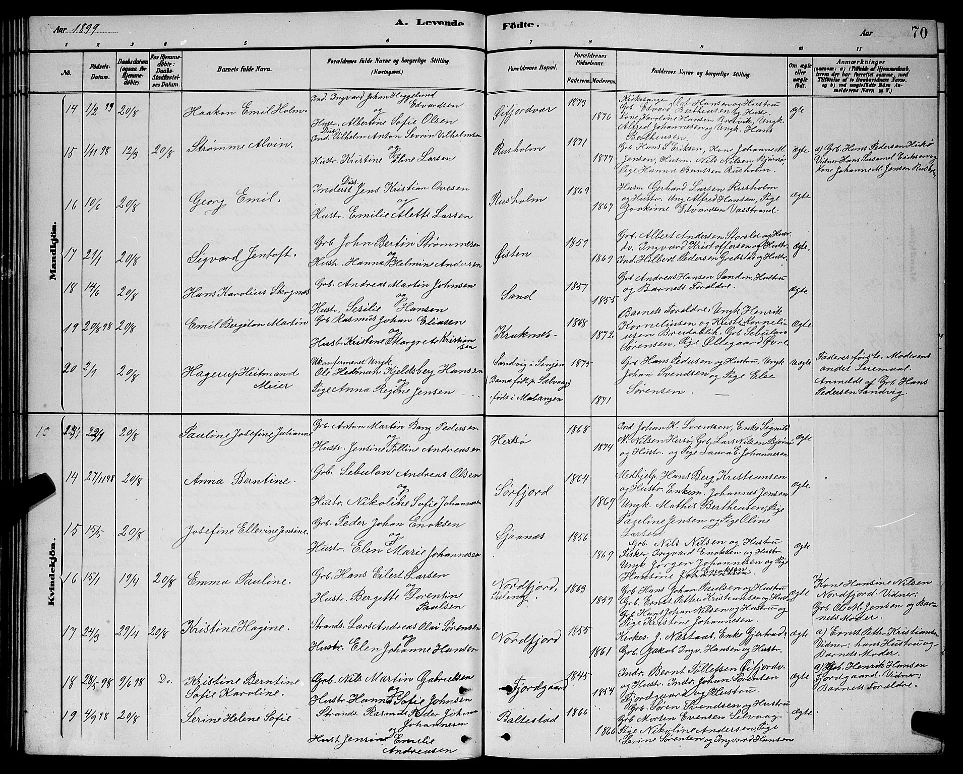 Lenvik sokneprestembete, SATØ/S-1310/H/Ha/Hab/L0021klokker: Parish register (copy) no. 21, 1884-1900, p. 70