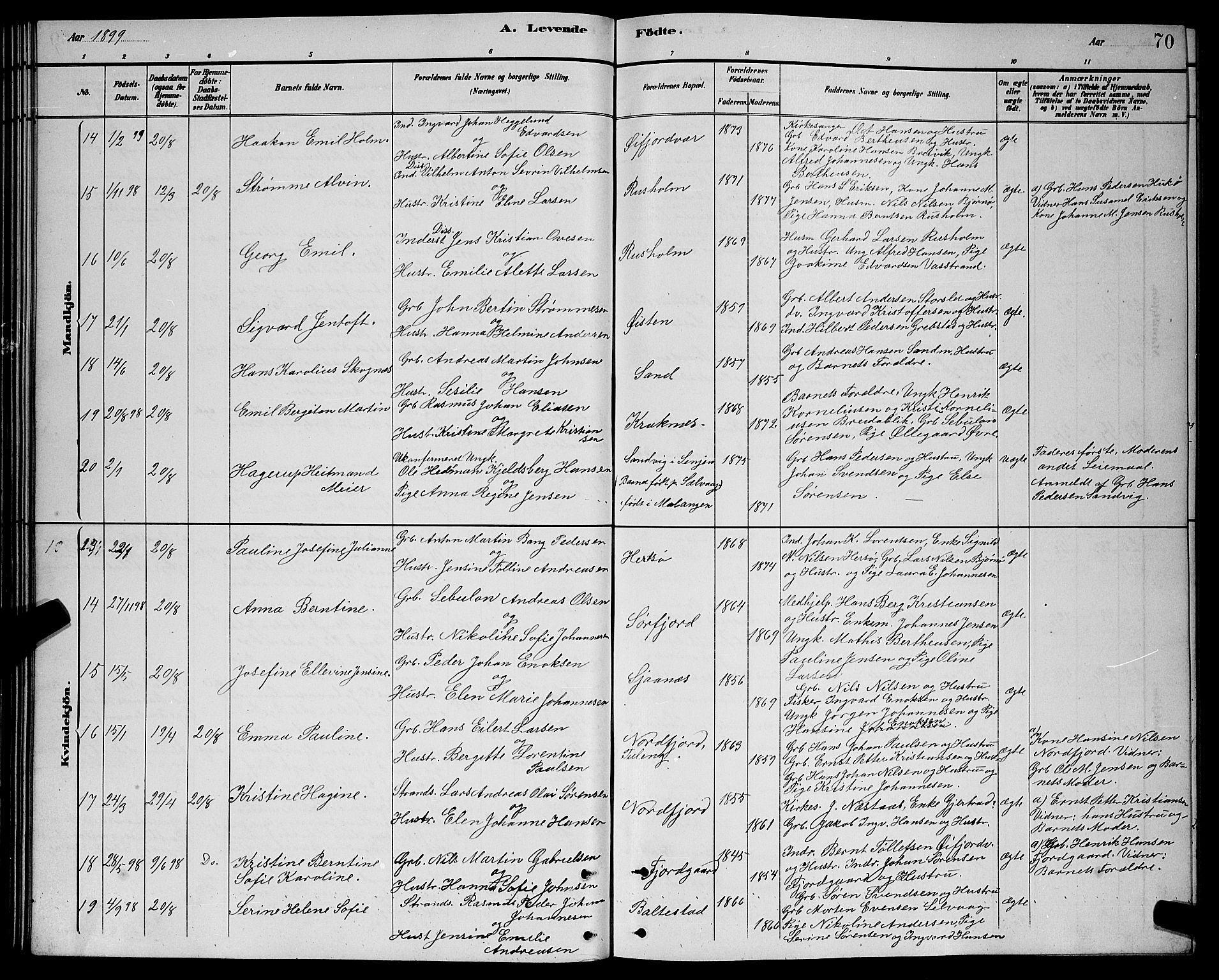 Lenvik sokneprestembete, AV/SATØ-S-1310/H/Ha/Hab/L0021klokker: Parish register (copy) no. 21, 1884-1900, p. 70