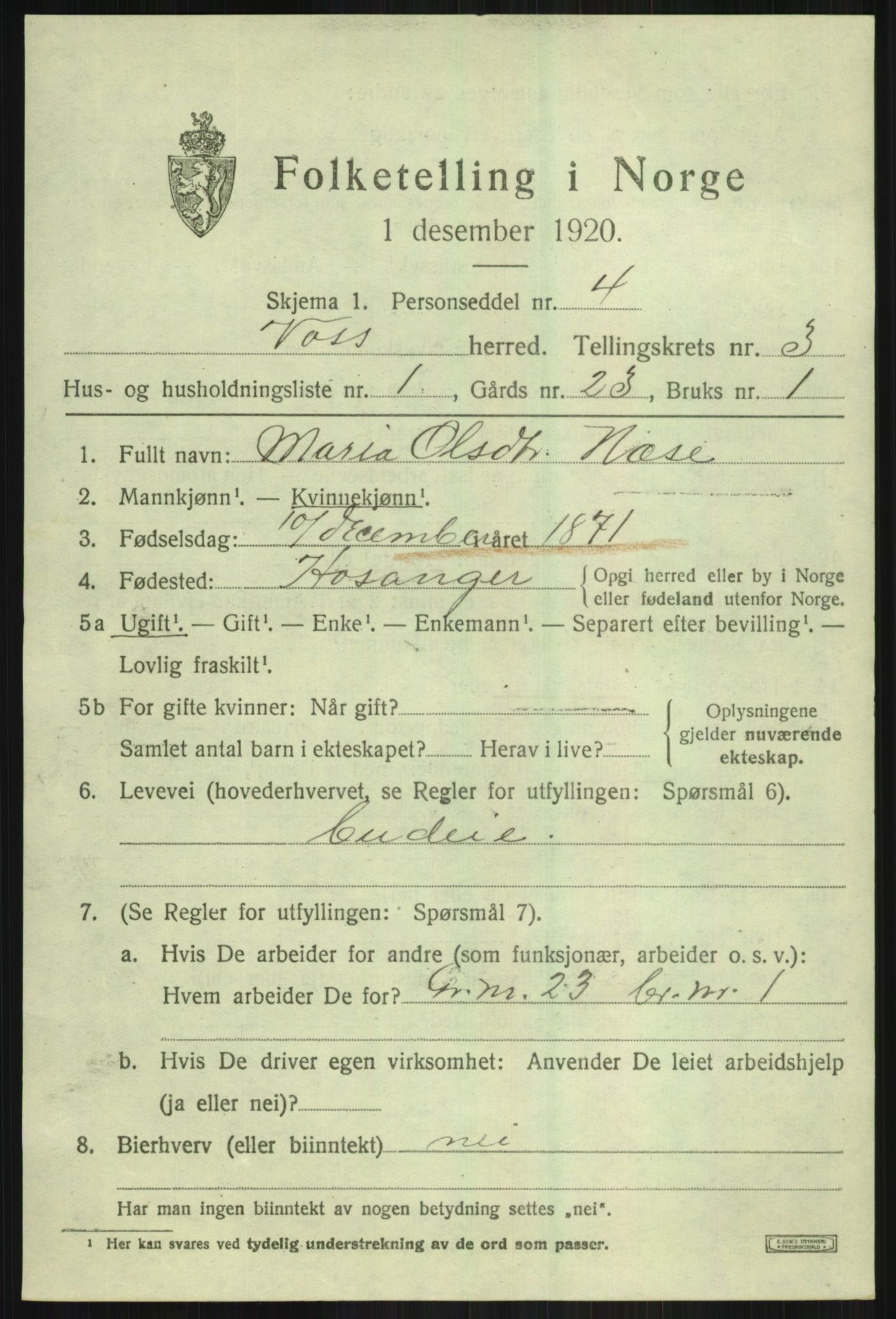 SAB, 1920 census for Voss, 1920, p. 3973