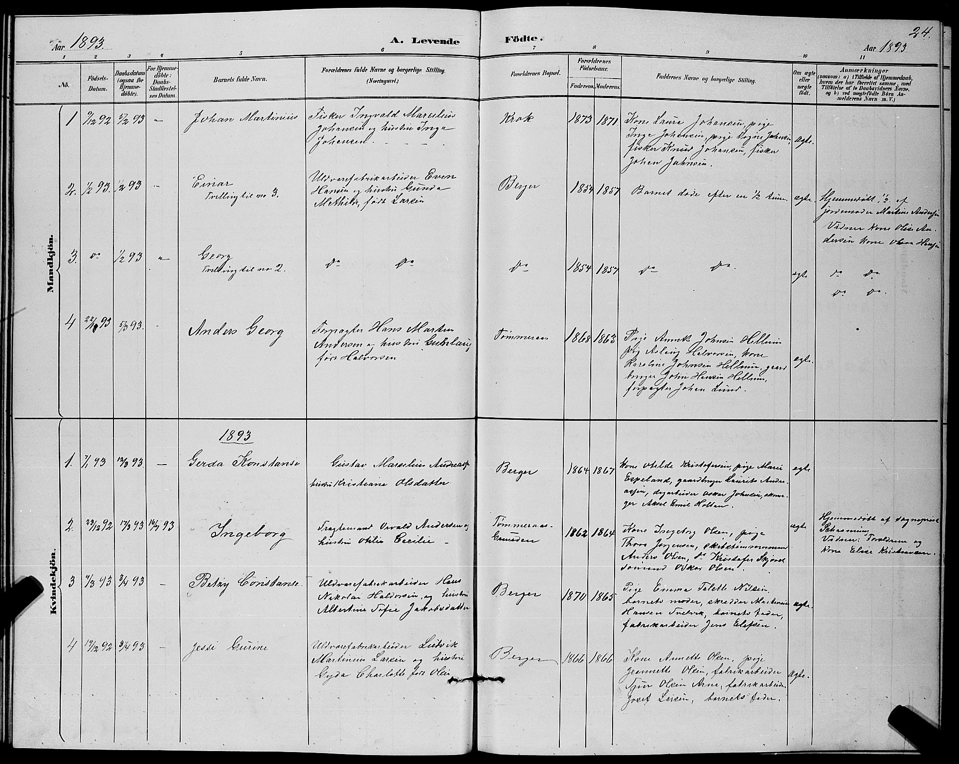 Strømm kirkebøker, AV/SAKO-A-322/G/Ga/L0003: Parish register (copy) no. I 3, 1889-1896, p. 24