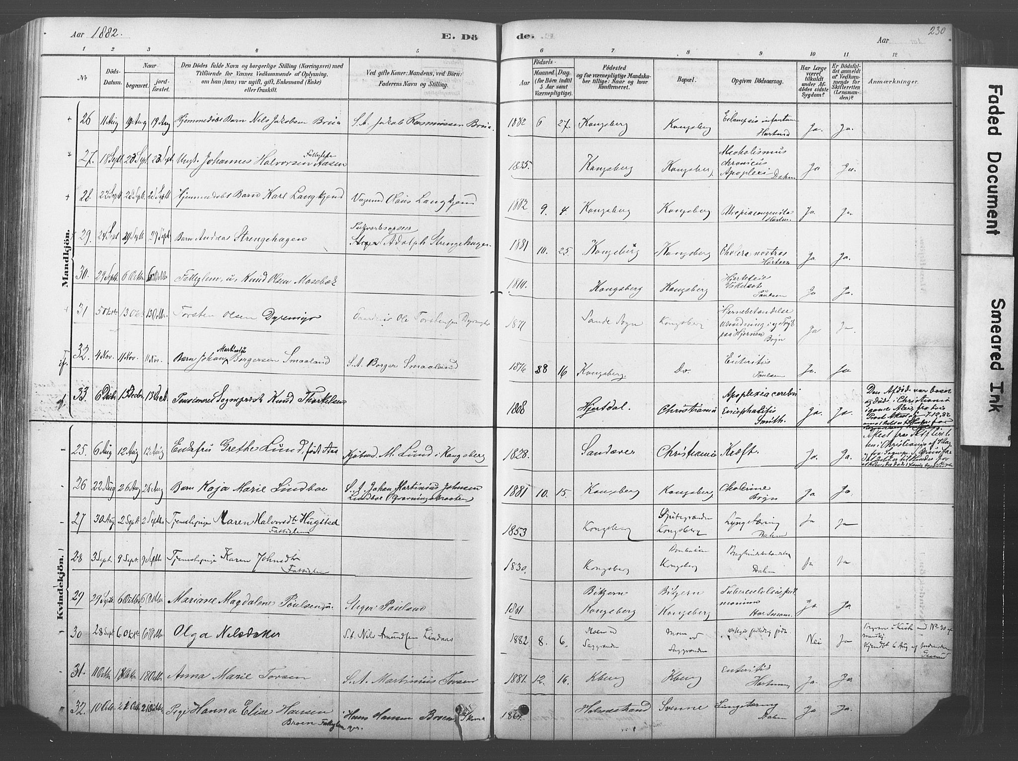 Kongsberg kirkebøker, AV/SAKO-A-22/F/Fb/L0001: Parish register (official) no. II 1, 1878-1886, p. 230