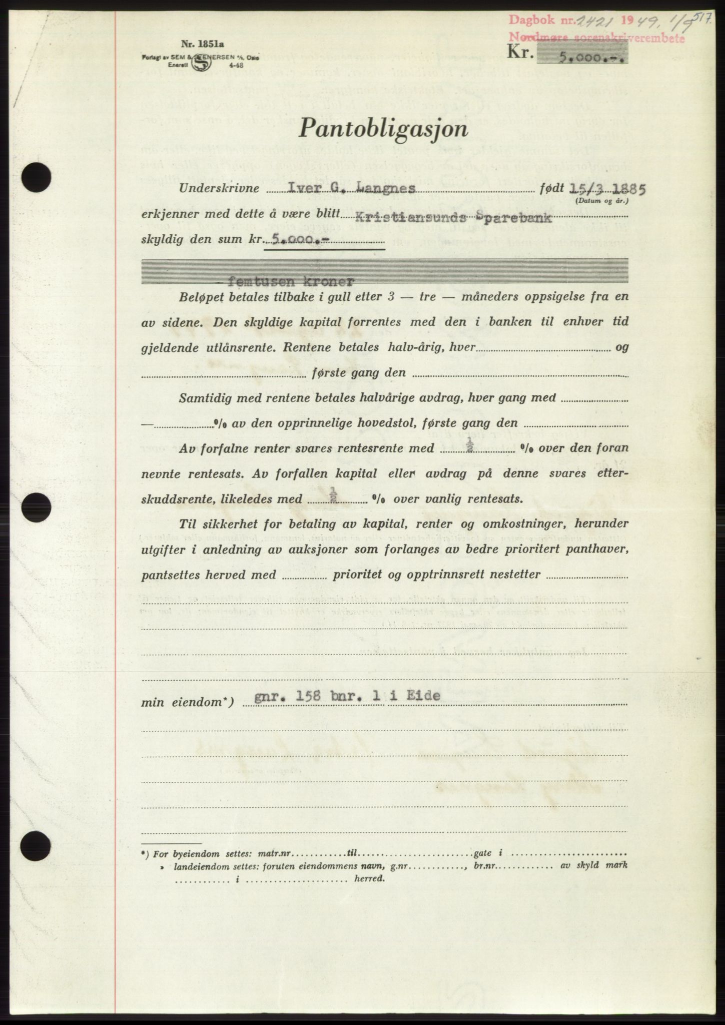 Nordmøre sorenskriveri, AV/SAT-A-4132/1/2/2Ca: Mortgage book no. B102, 1949-1949, Diary no: : 2421/1949