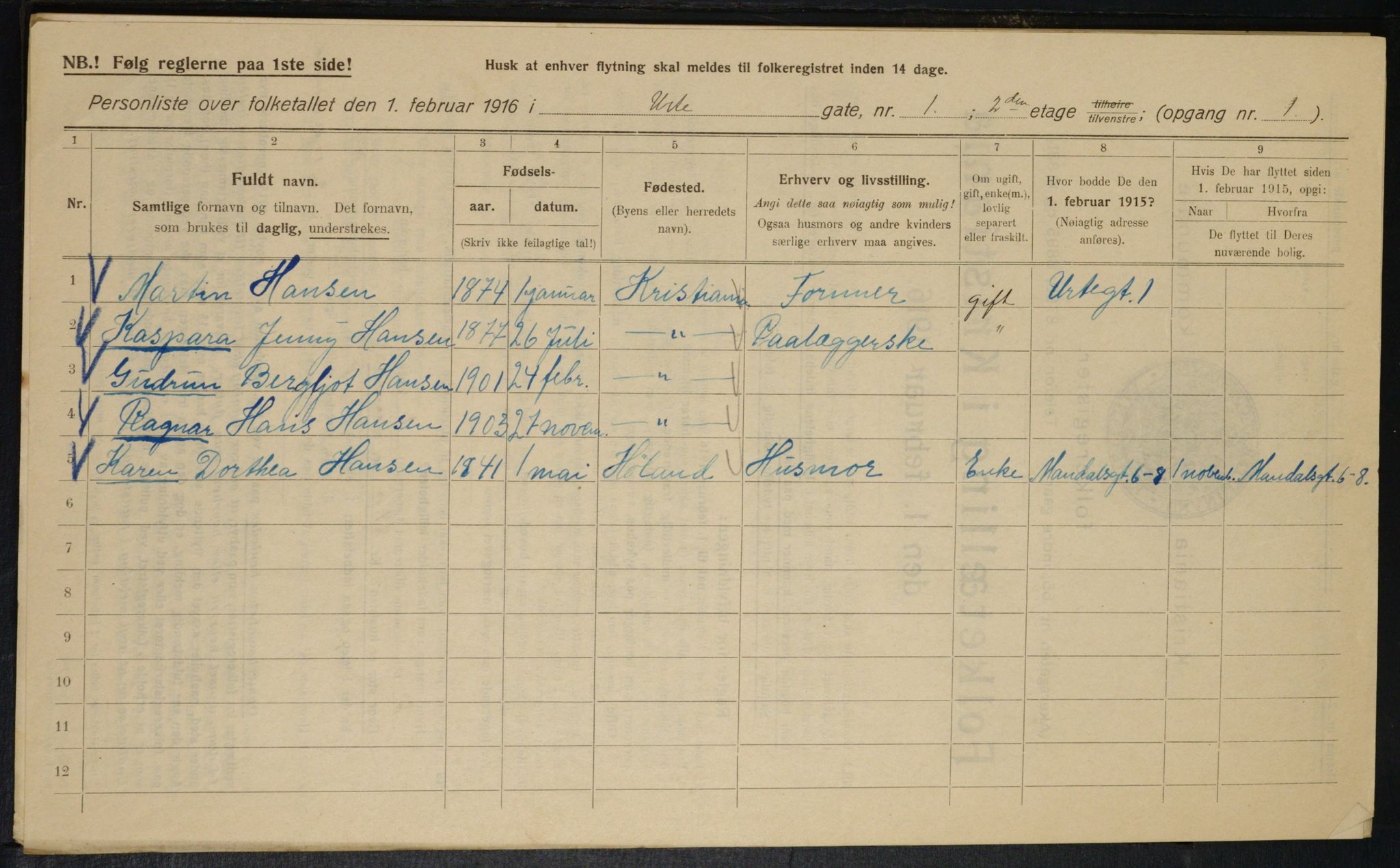 OBA, Municipal Census 1916 for Kristiania, 1916, p. 124292