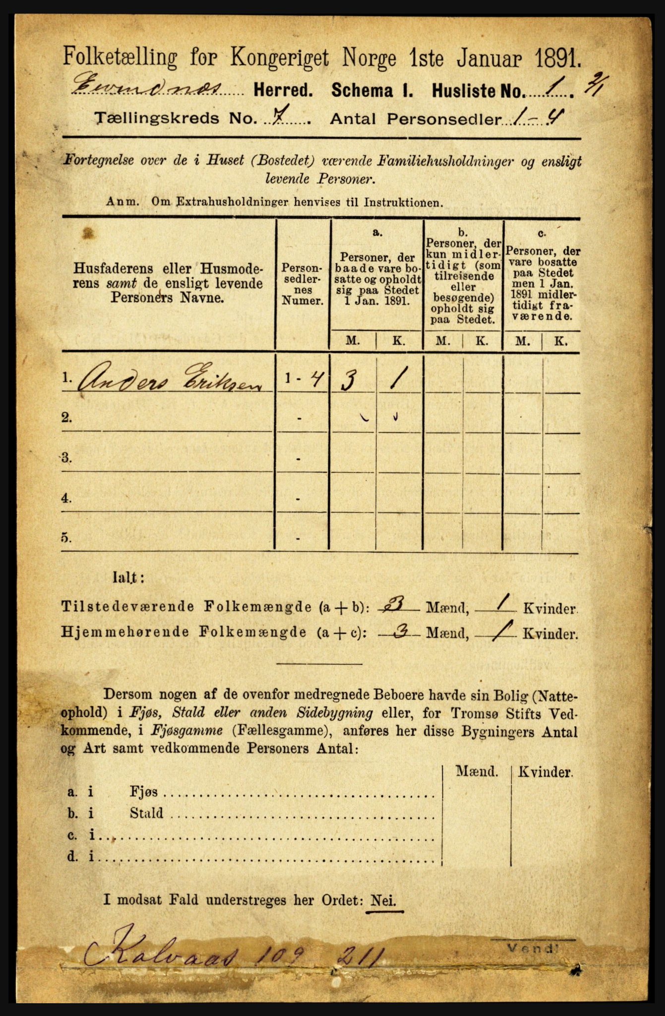 RA, 1891 census for 1853 Evenes, 1891, p. 2122