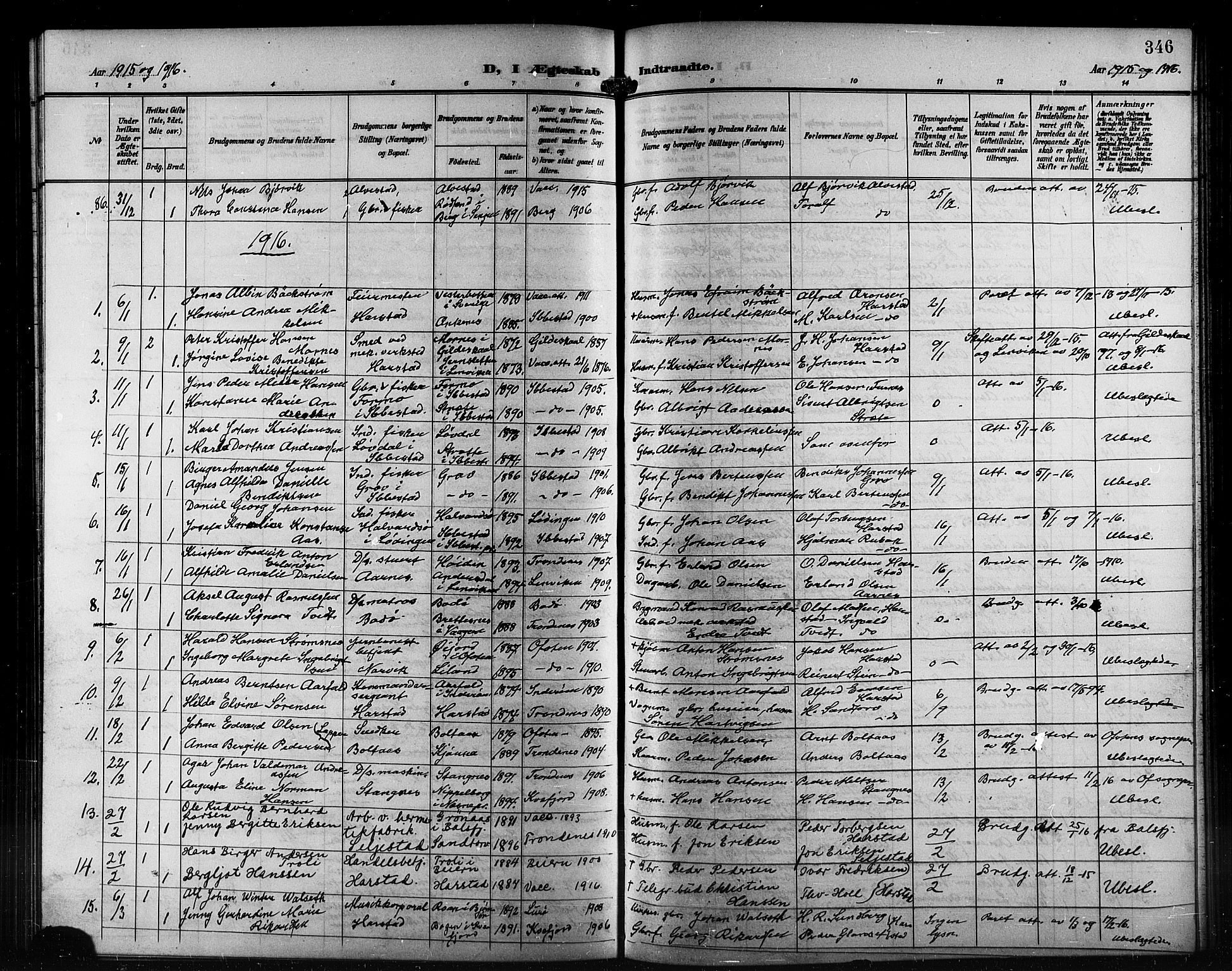 Trondenes sokneprestkontor, AV/SATØ-S-1319/H/Hb/L0012klokker: Parish register (copy) no. 12, 1907-1916, p. 346