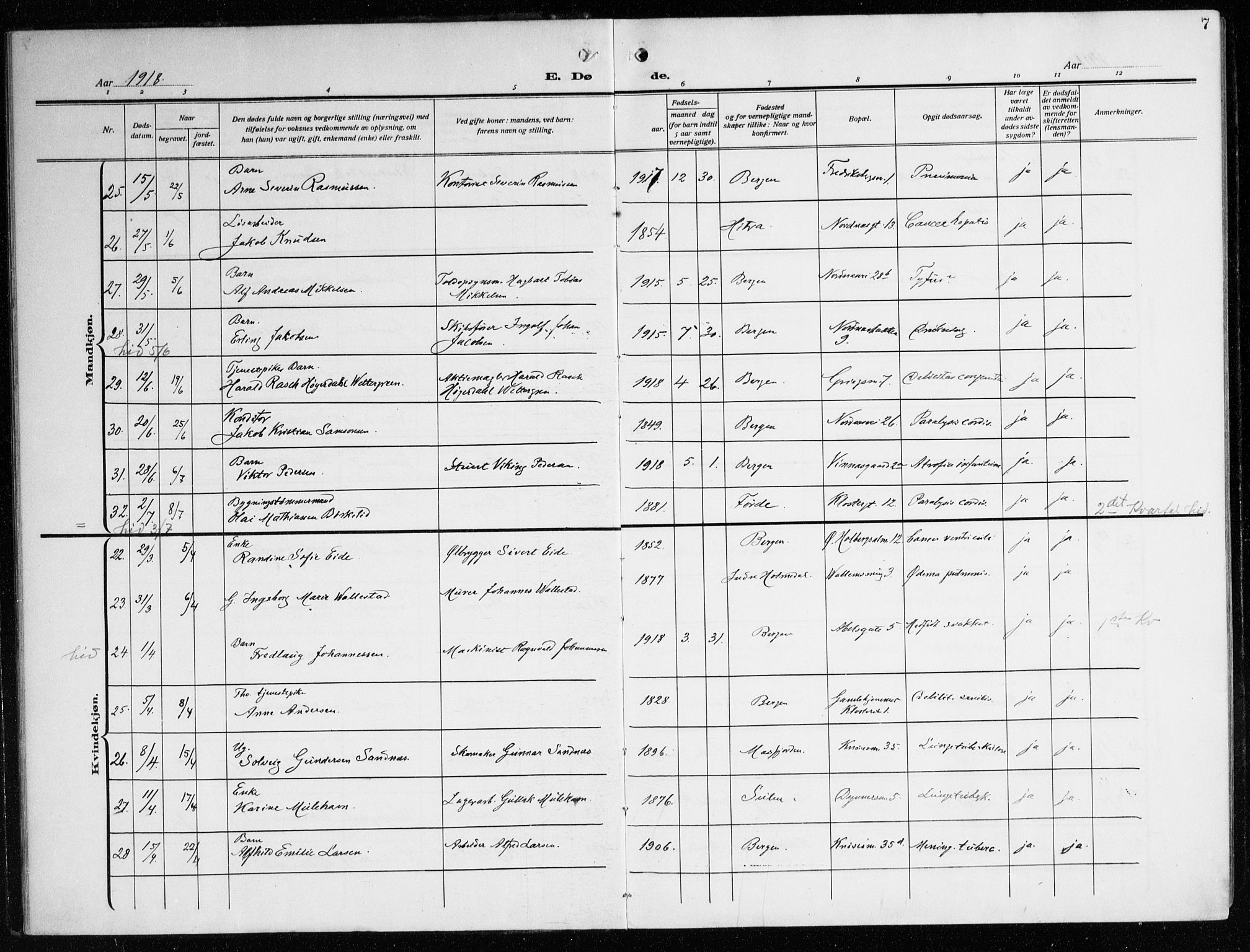 Nykirken Sokneprestembete, AV/SAB-A-77101/H/Haa/L0046: Parish register (official) no. E 6, 1918-1944, p. 7