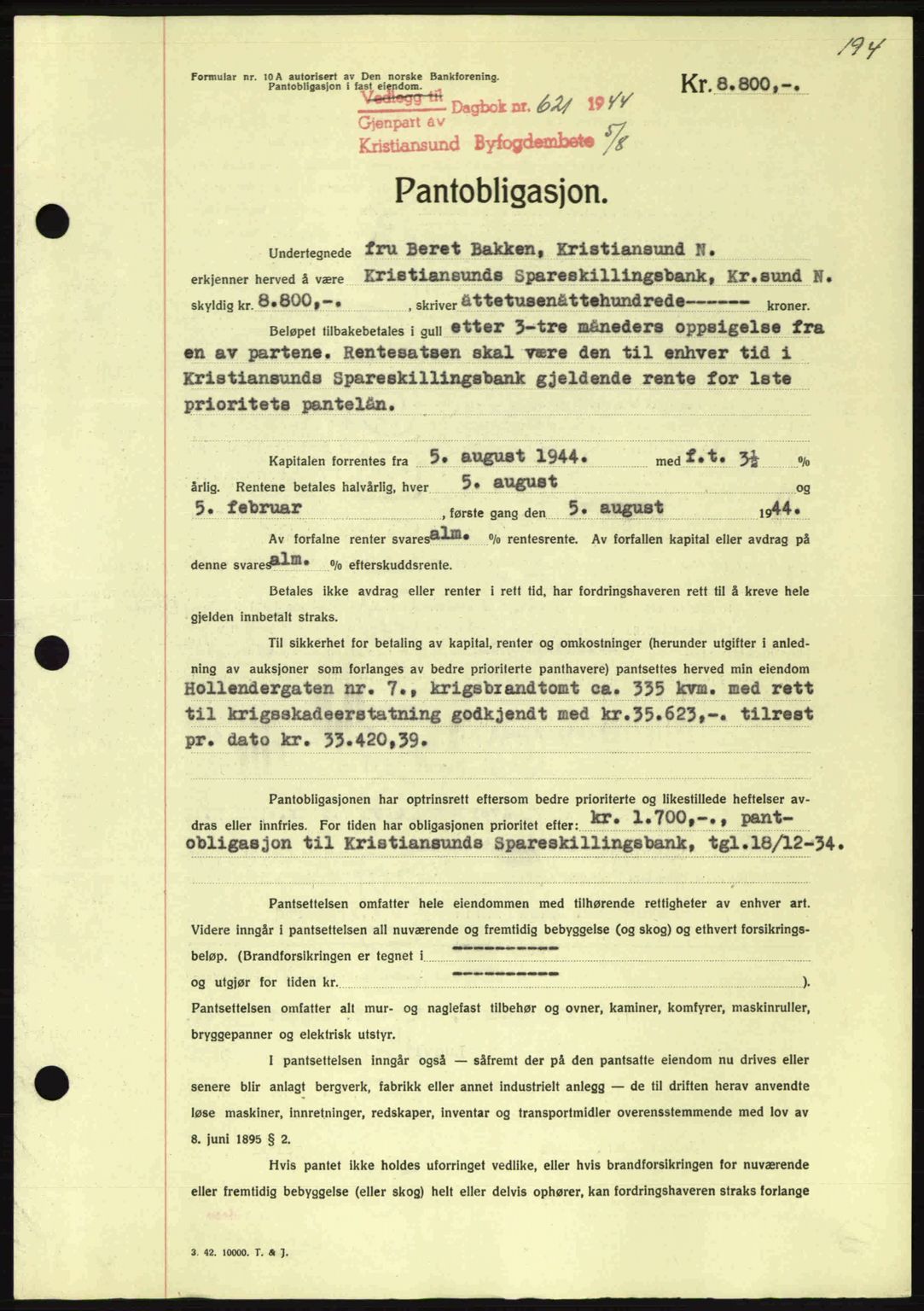 Kristiansund byfogd, SAT/A-4587/A/27: Mortgage book no. 37-38, 1943-1945, Diary no: : 621/1944