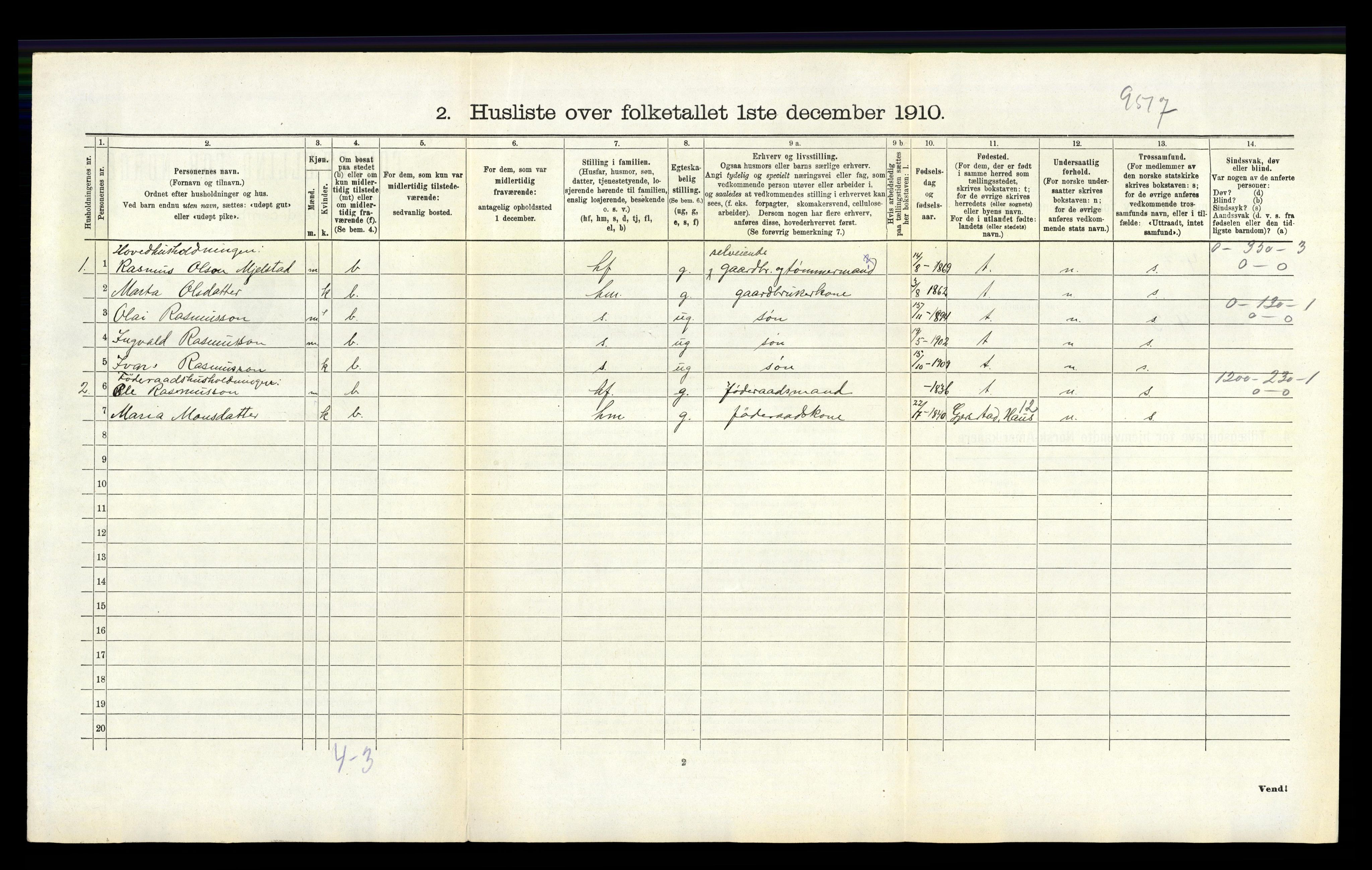 RA, 1910 census for Hamre, 1910, p. 449