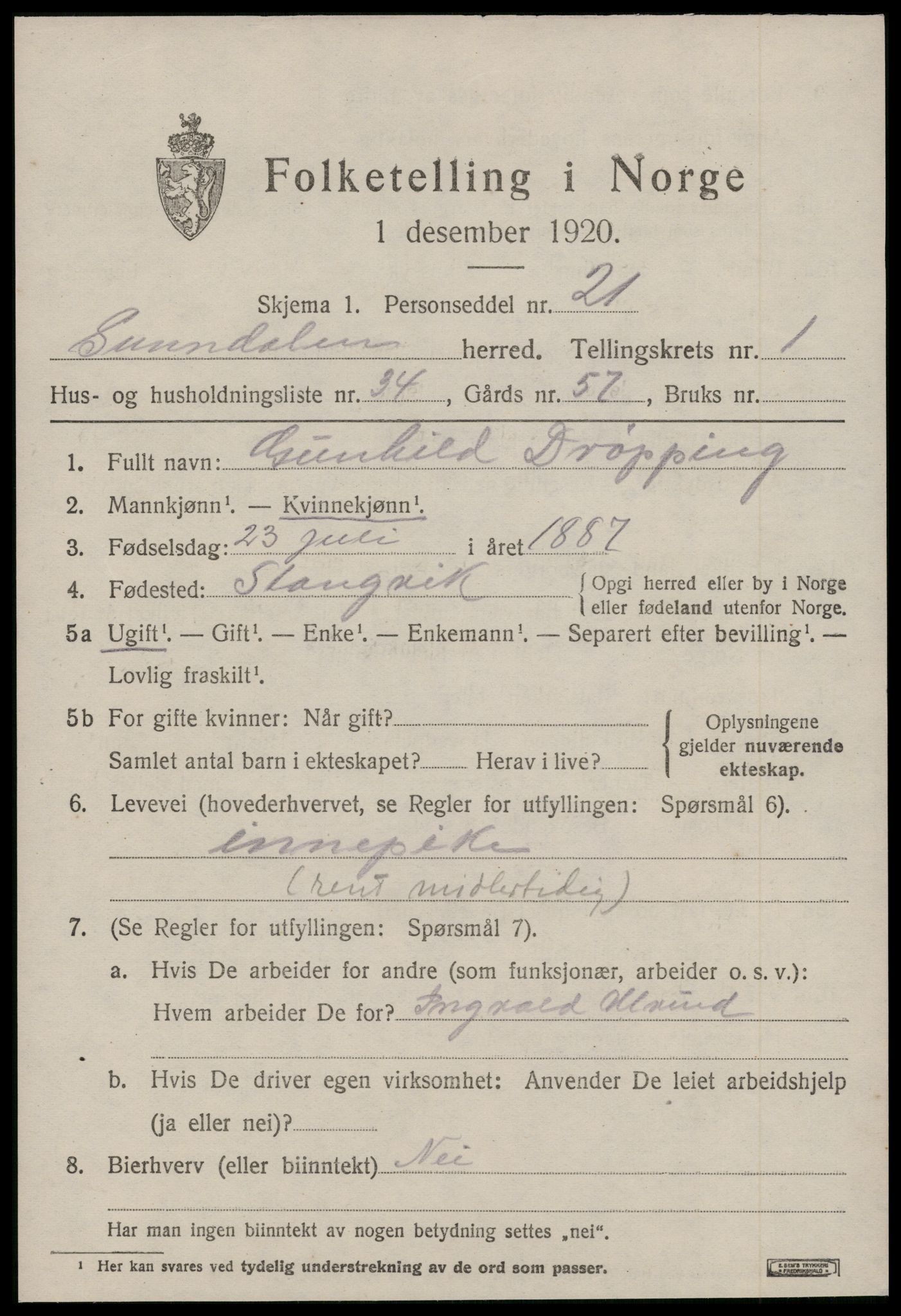 SAT, 1920 census for Sunndal, 1920, p. 1096