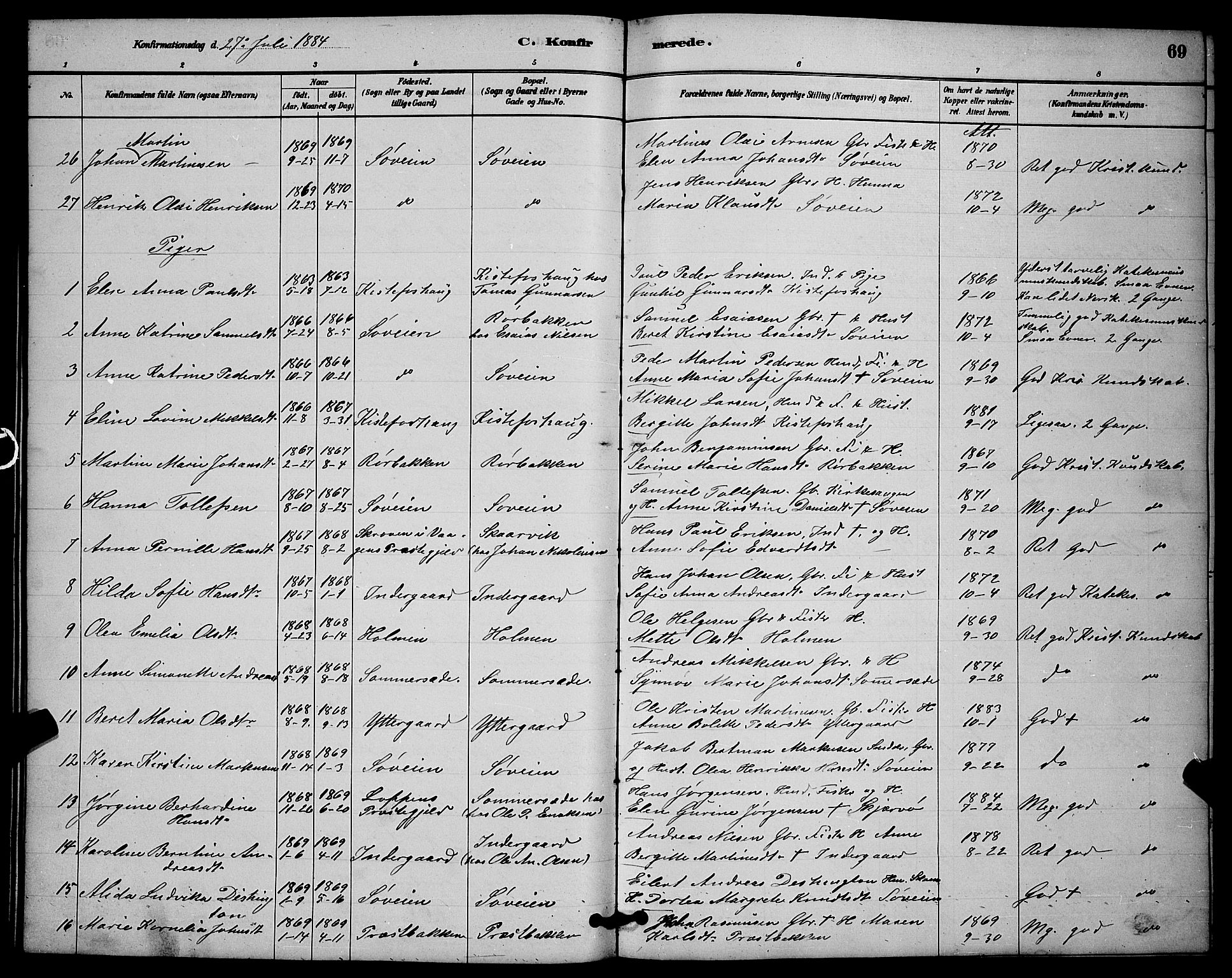 Ibestad sokneprestembete, AV/SATØ-S-0077/H/Ha/Hab/L0014klokker: Parish register (copy) no. 14, 1880-1887, p. 69