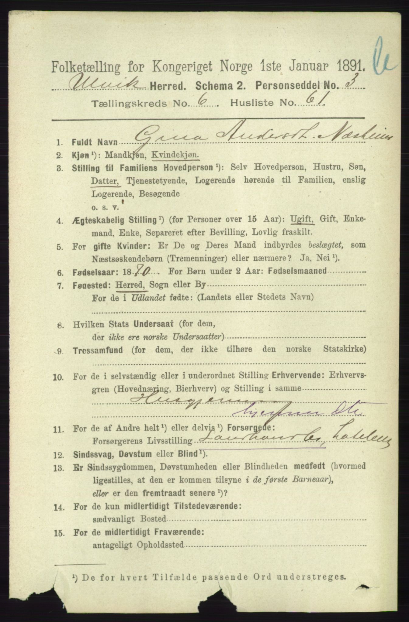 RA, 1891 census for 1233 Ulvik, 1891, p. 2220