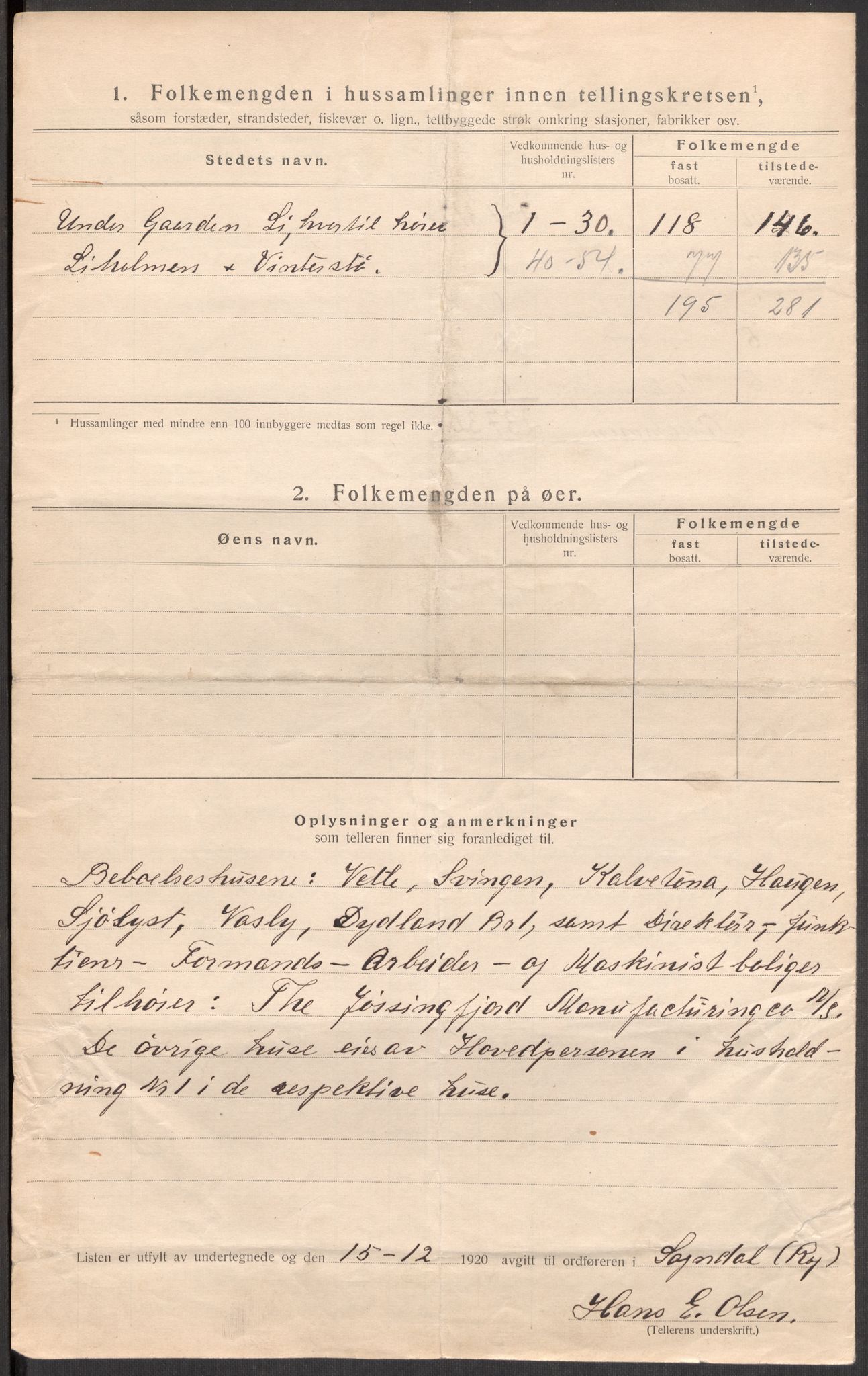 SAST, 1920 census for Sokndal, 1920, p. 20