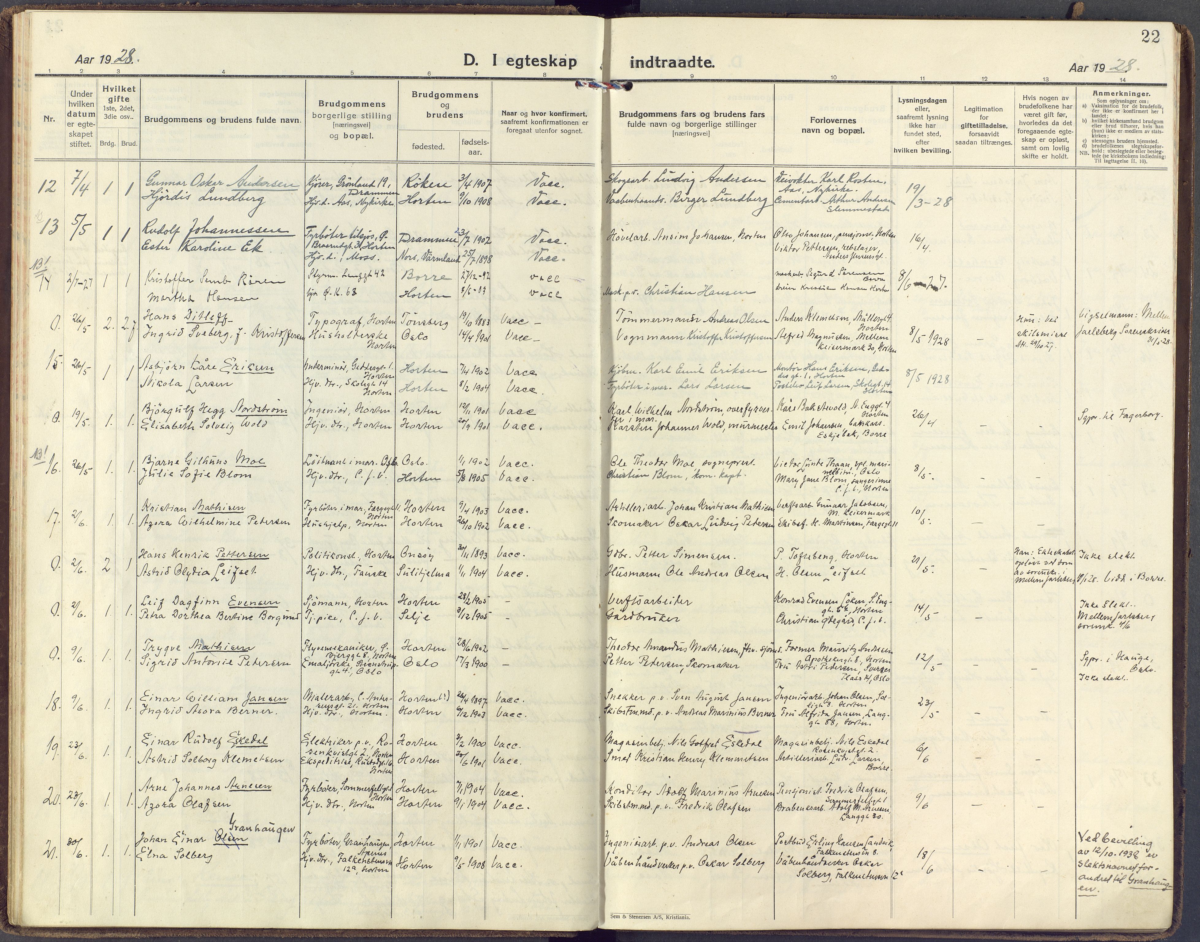 Horten kirkebøker, AV/SAKO-A-348/F/Fa/L0009: Parish register (official) no. 9, 1925-1936, p. 22