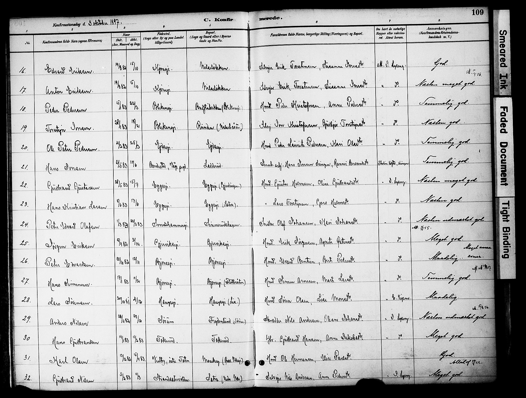 Gran prestekontor, SAH/PREST-112/H/Ha/Haa/L0020: Parish register (official) no. 20, 1889-1899, p. 109