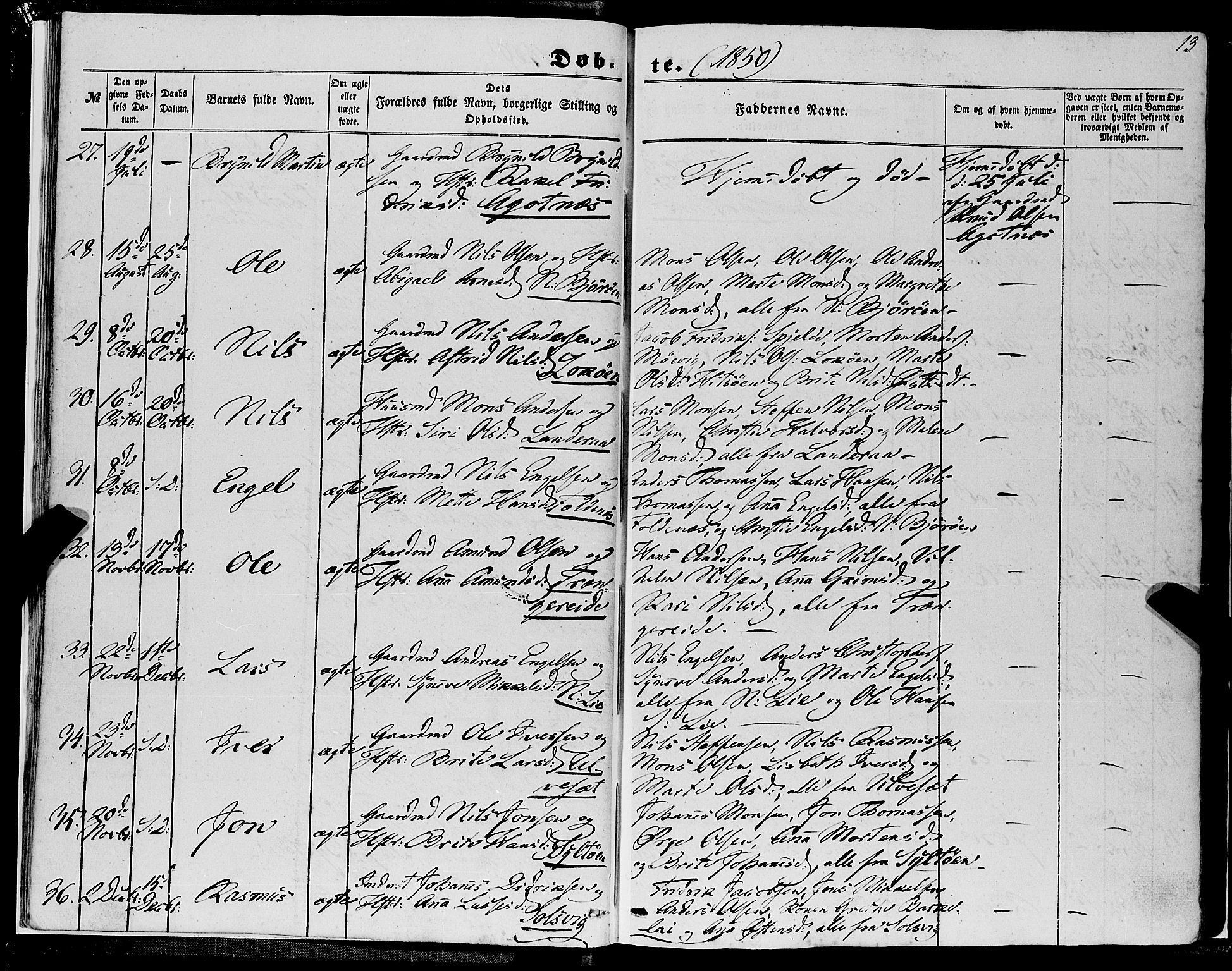Fjell sokneprestembete, SAB/A-75301/H/Haa: Parish register (official) no. A 2, 1847-1864, p. 13